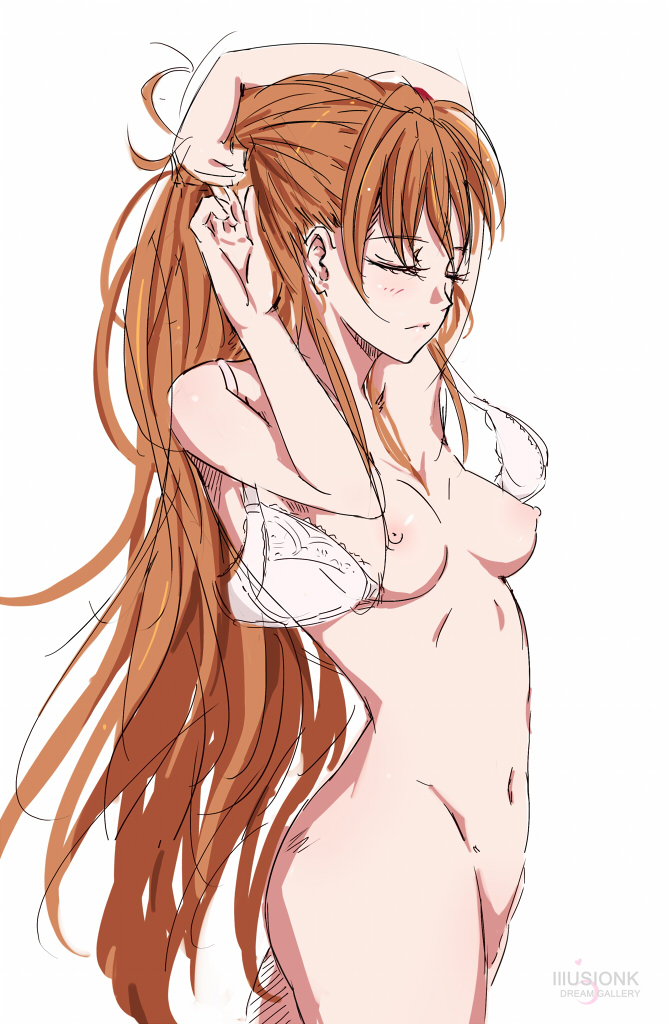 asuka_langley_sohryu blush bra breasts brown_hair closed_eyes hair illusionk lingerie long_hair neon_genesis_evangelion nude open_bra orange_hair sketch small_breasts underwear