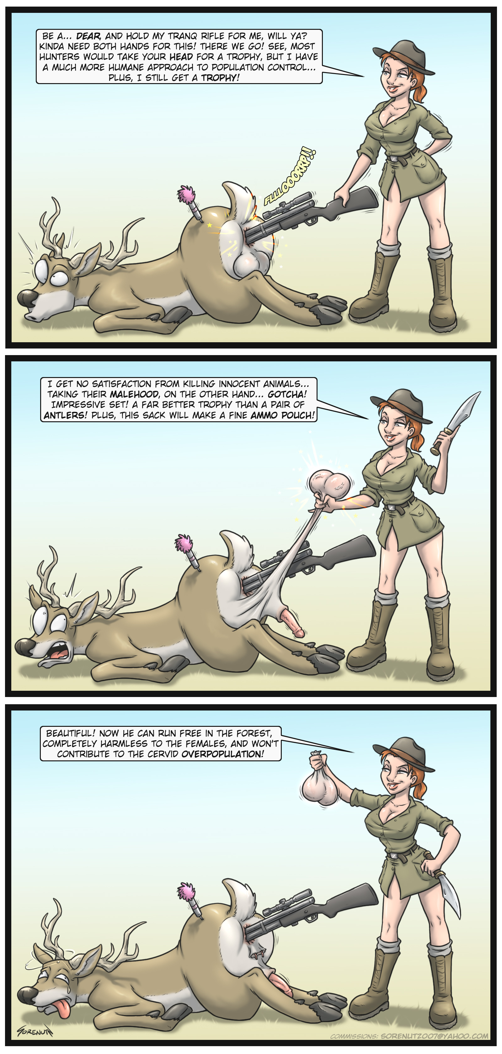 anal, anal probe, animal genitalia, backsack, balls, ballsack, bestiality, castration, comic, deer, dialogue, femdom, gun, huge balls, huge testicles, huntress, knife, male penetrated, male ryona, malesub, rape, raped male, sexual assault, sorenutz, testicles