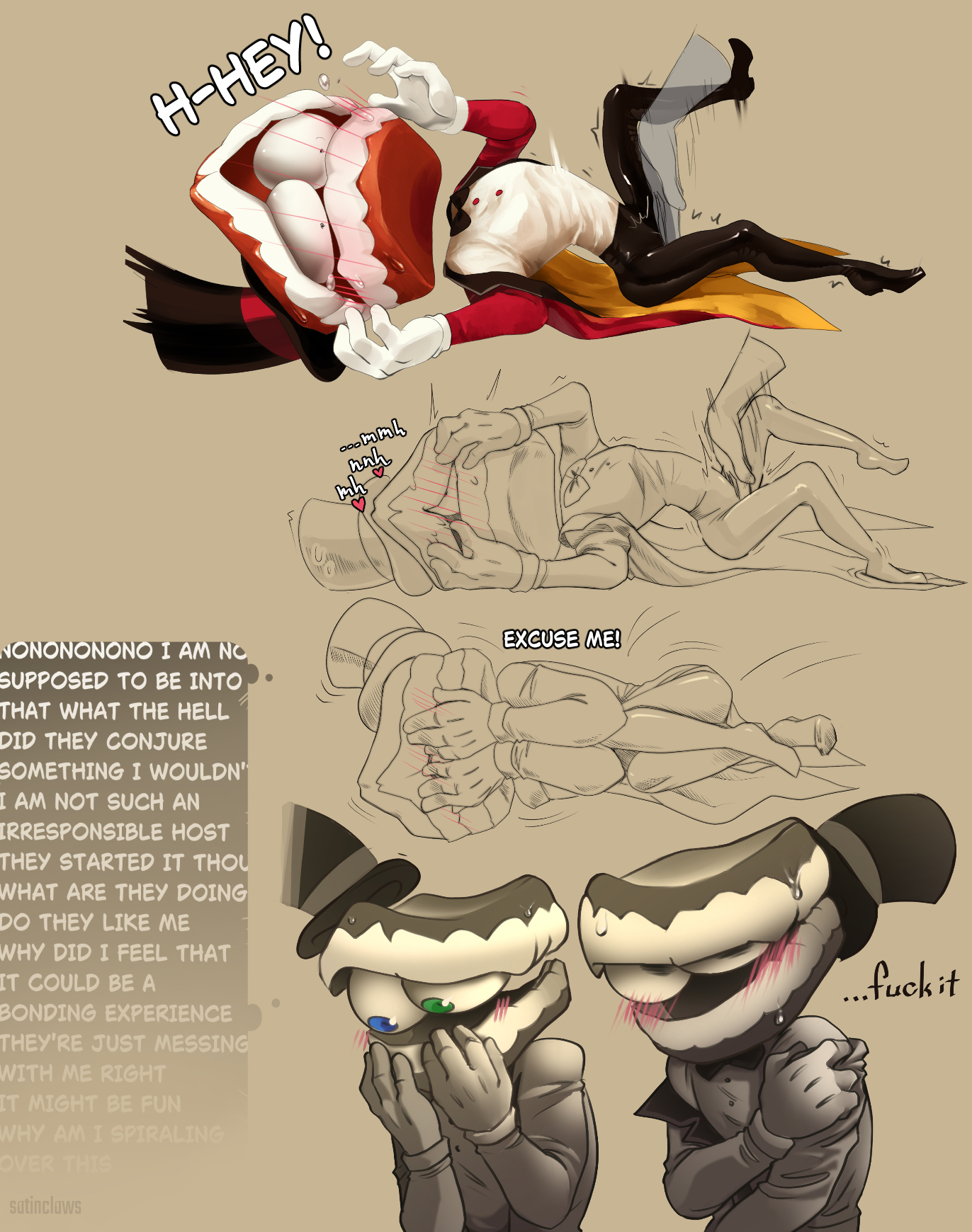 1boy, ambigous gender, andromorph, blush, caine (tadc), caine (the amazing digital circus), frottage, nervous, null, satinclaws, teasing, the amazing digital circus, y/n