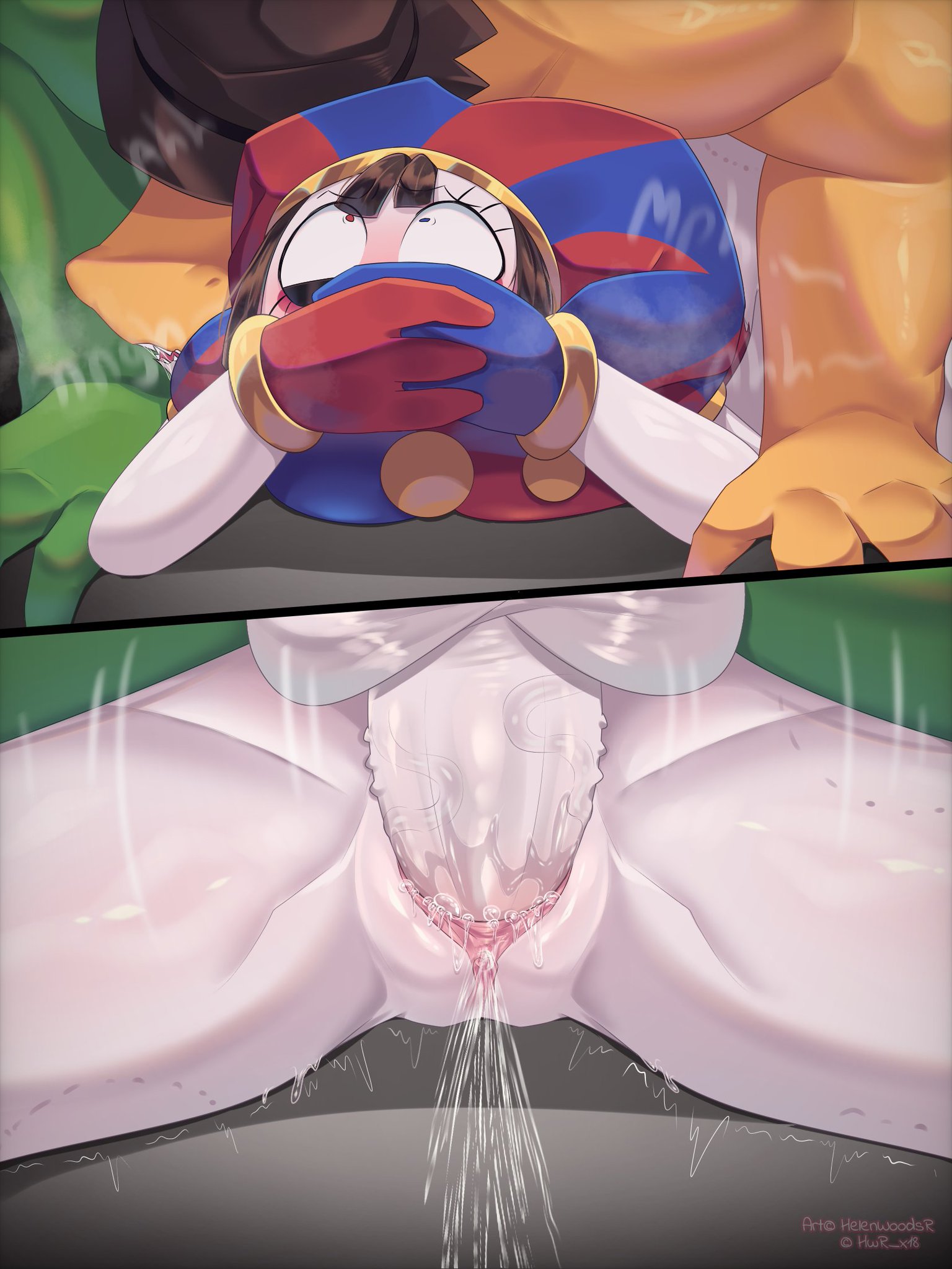 alligator, brunette, brunette hair, covering mouth, cowboy hat, from behind, gummigoo (the amazing digital circus), hetero, hwr nsfw, jester, jester hat, penis in pussy, pomni (the amazing digital circus), straight, the amazing digital circus, white skin