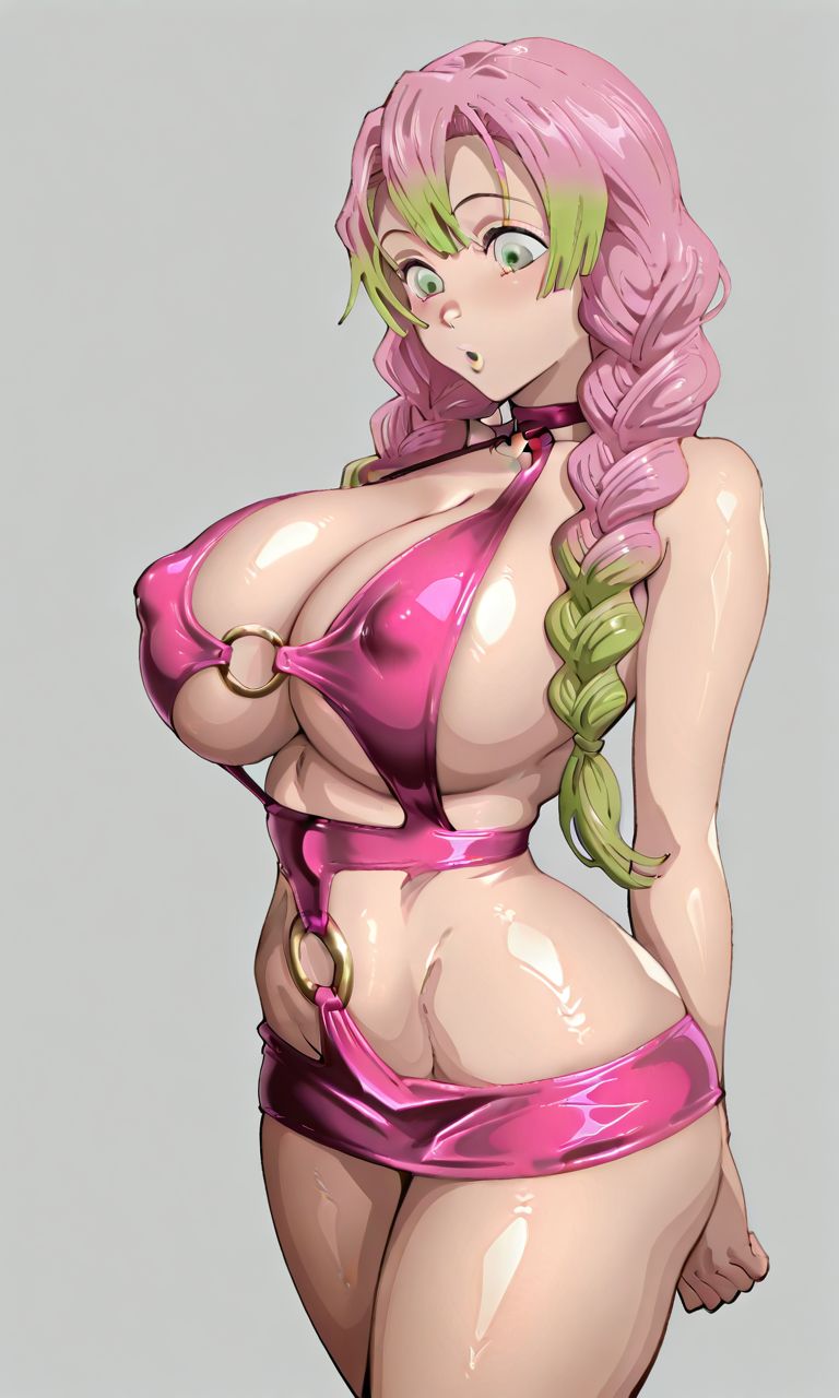 1girls, ai generated, big boobs, big breasts, braid, braided hair, curvy, curvy body, curvy female, curvy figure, demon slayer, dress, female, female only, green eyes, green hair, huge breasts, kanroji mitsuri, kimetsu no yaiba, kyoru189, large breasts, light skin, light-skinned female, mature female, milf, o-ring, pink hair, solo, solo female