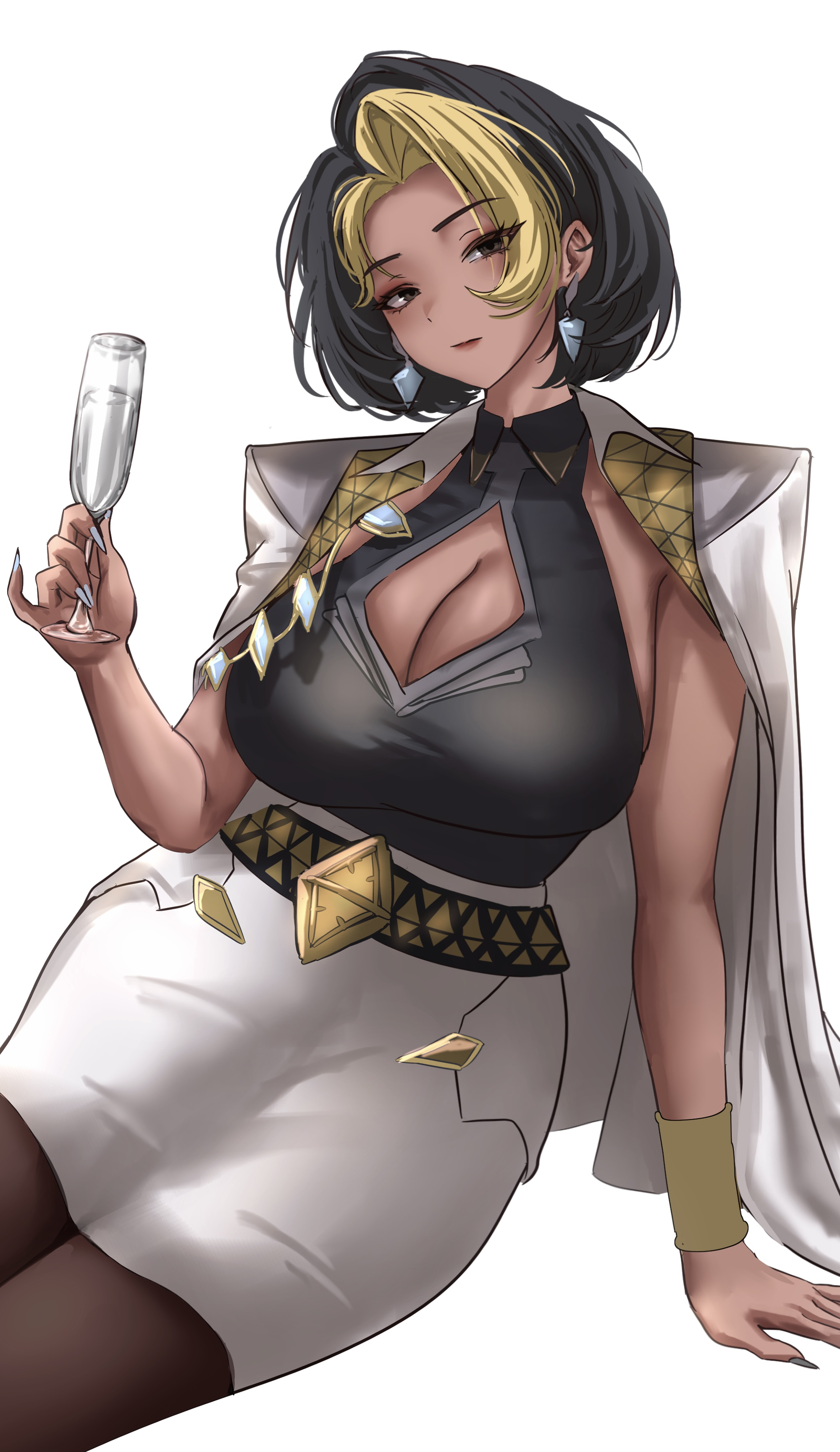 1girl, absurdres, activision, big breasts, blizzard entertainment, breasts, cleavage, cleavage cutout, clothing cutout, coat, coat on shoulders, colored bangs, crystal earrings, cup, dark skin, dark-skinned female, desi, domina, earrings, glass, gold bracer, gold trim, highres, holding, holding cup, huge breasts, jewelry, mazzi, multicolored hair, overwatch, overwatch 2, pencil skirt, single bracer, skirt, sleeveless, solo, tan, thighs, two-tone hair, vaira singhania, white background, white skirt