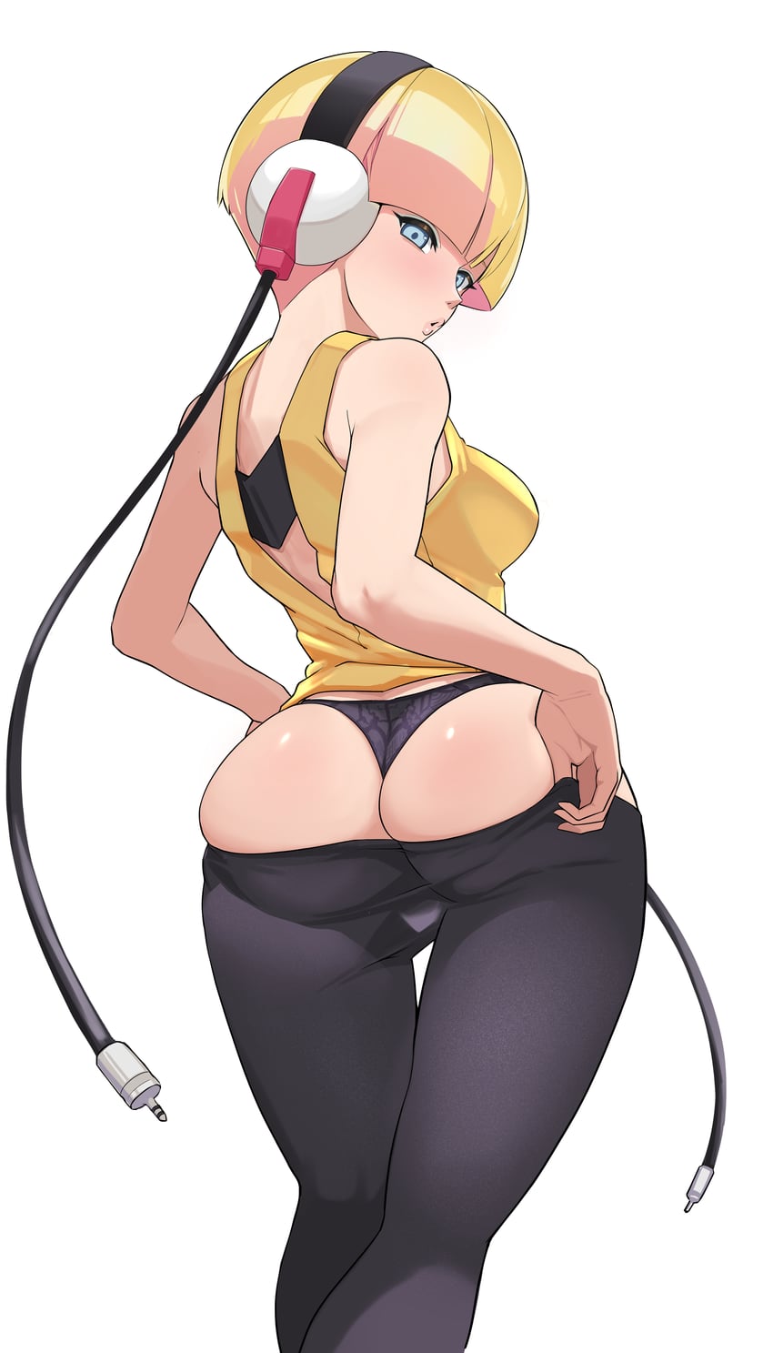 1girls, asaborakenoke, ass, back, back view, bare shoulders, black panties, black pantyhose, blonde hair, blue eyes, blunt bangs, blush, breasts, clothes pull, elesa (pokemon), gym leader, headphones, human, human only, light skin, light-skinned female, looking at viewer, looking back, medium breasts, panties, pantyhose, pokemon, pokemon bw, shirt, short hair, sleeveless, sleeveless shirt, solo, thighs, underwear, undressing, yellow shirt