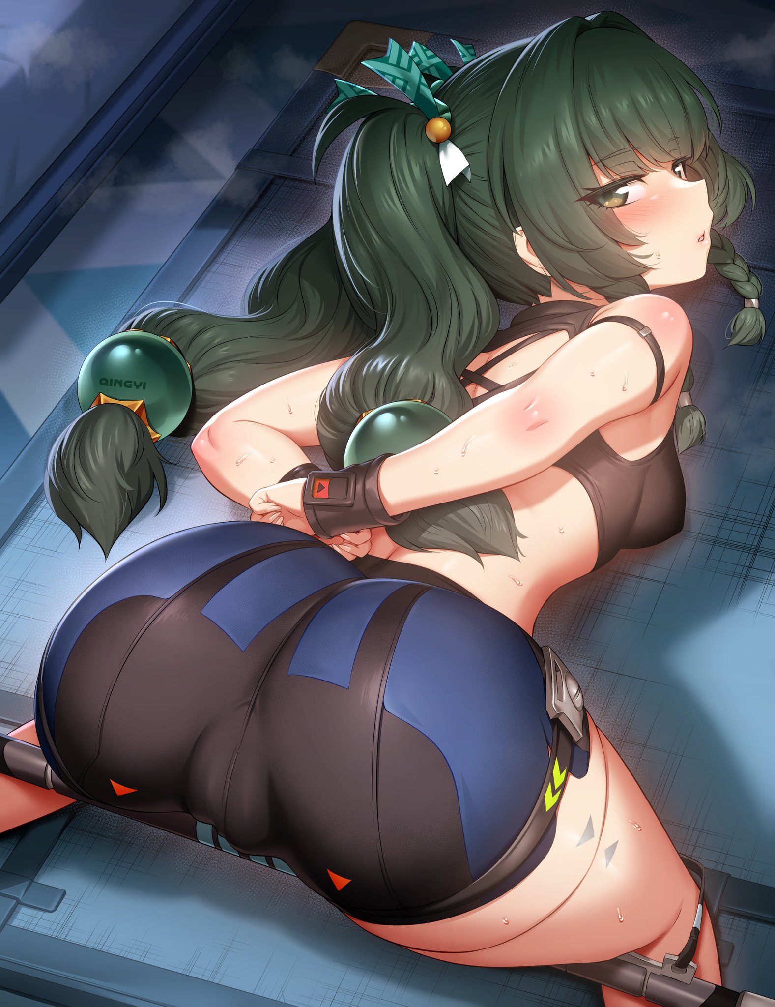 1girls, ass, blushing, blushing at viewer, bondage, child bearing hips, fat ass, green hair, looking at viewer, looking back, m-da s-tarou, qingyi (zenless zone zero), robot, spread legs, spreader bar, twintails, zenless zone zero