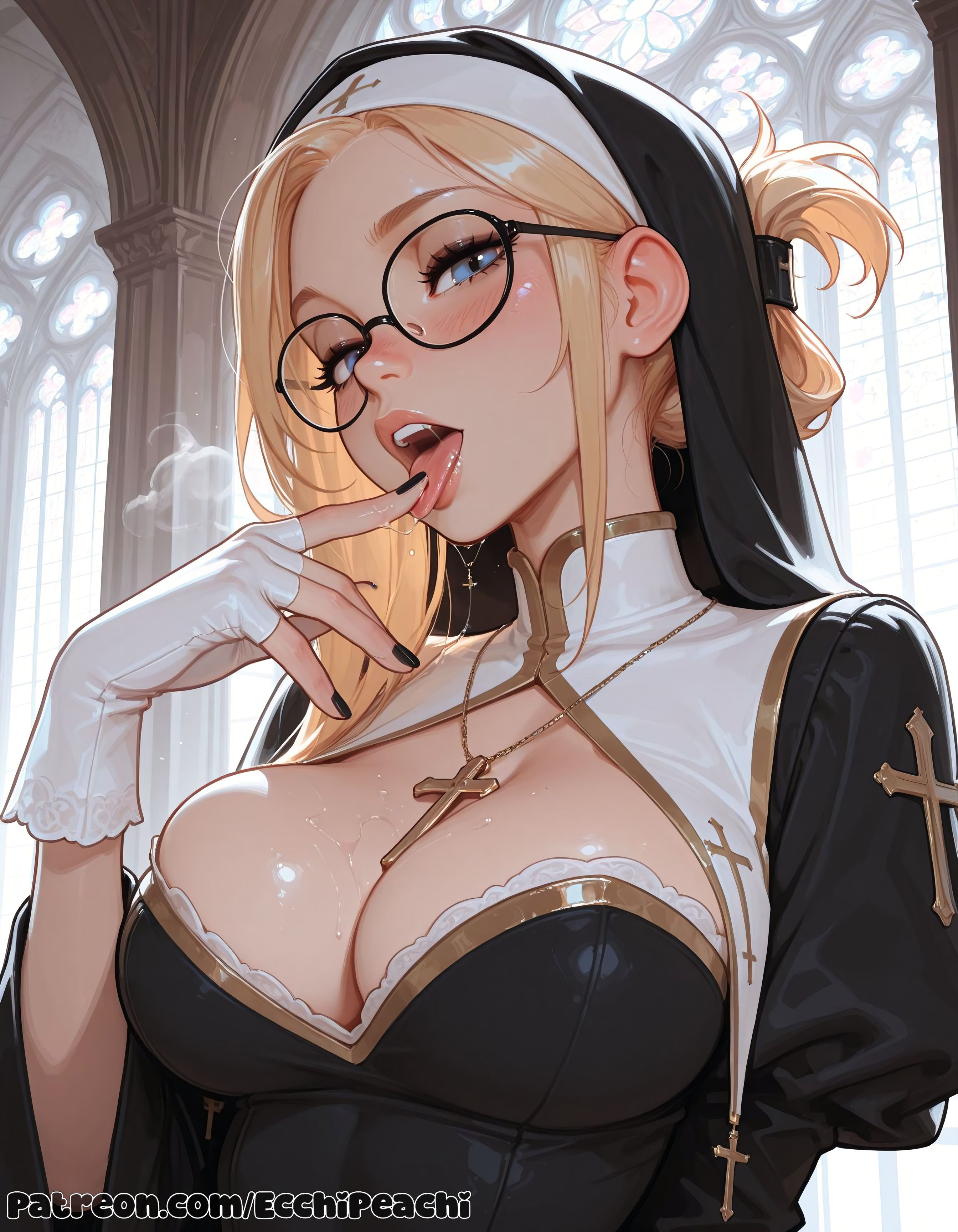 1girl, 1girls, ai generated, blonde hair, blue eyes, blush, boobs, breasts, breasts,, camel toe, cameltoe, cleavage, clothed, clothed female, curvy, ecchipeachi, female, female focus, female only, final fantasy, final fantasy vii, final fantasy vii remake, final fantasy xiv, fingers, focus, fully clothed, glasses, glasses only, hairbun, large breasts, messy hair, nipples, nipples covered, nipples visible through clothing, nun, open mouth, pussy, quistis trepe, sexy, sfw, solo, solo female, solo focus, sweat, teeth, tight clothes, tight clothing, uncensored