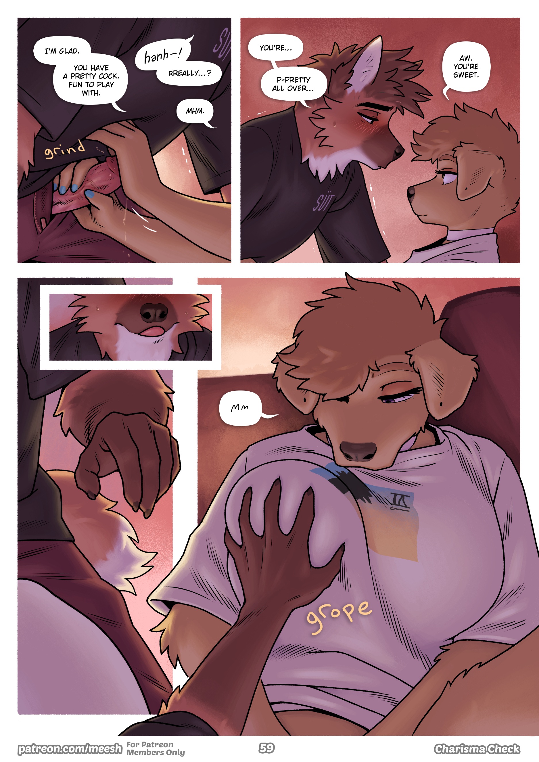 anthro, big breasts, bird dog, bracelet, breast drop, breast grab, cellphone, clara (meesh), comic, domestic dog, ear piercing, expressionless, female, golden retriever, golden retriver, handjob, jacob (meesh), jewelry, looking at viewer, mammal, meesh, nipple piercing, phone, piercing, pussy