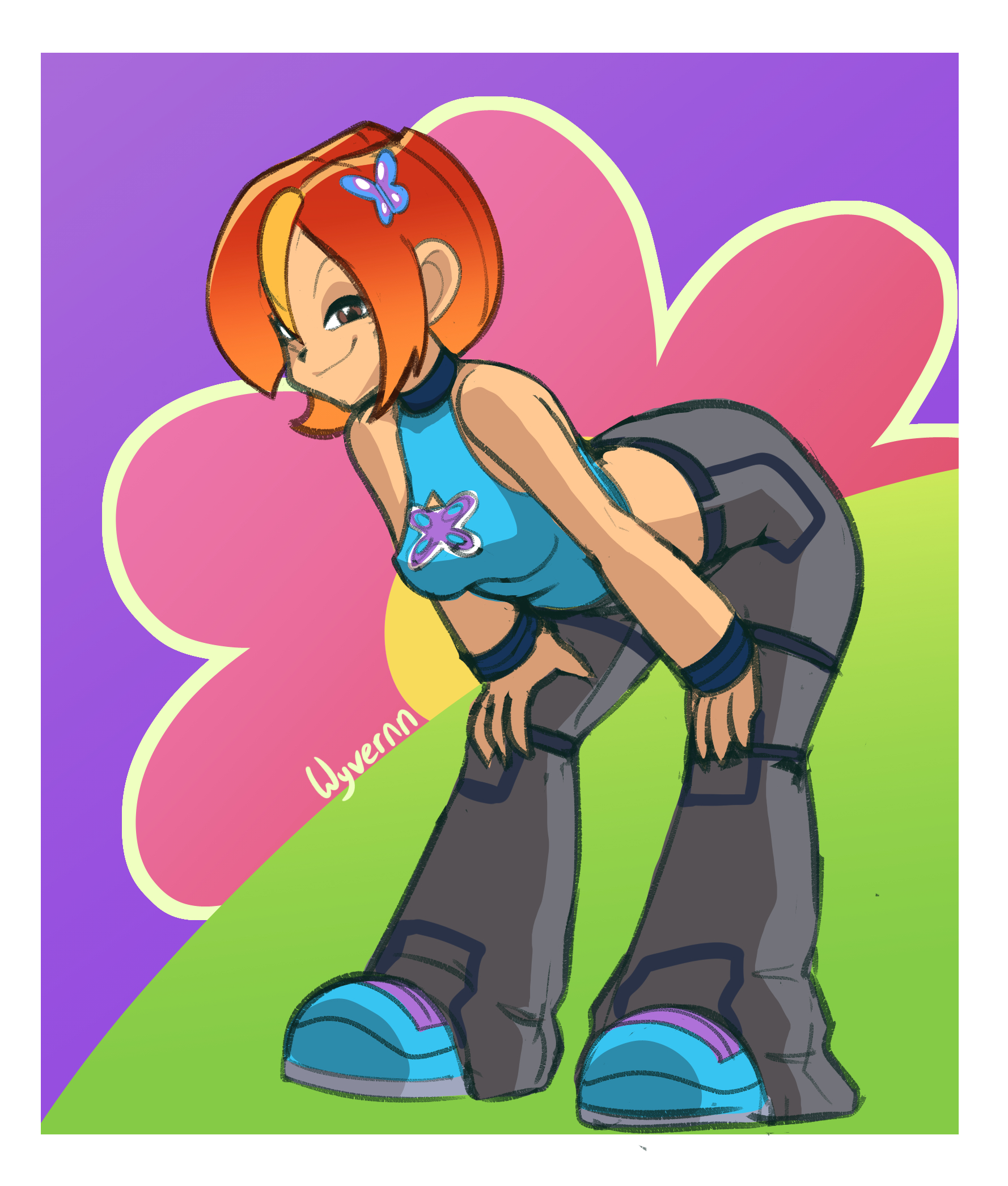 1girl, armband, baggy pants, bent over, blonde streaks, blue shirt, breasts, bug, butterfly, butterfly (planetronika), butterfly hair ornament, commentary, crop top, cropped shirt, english commentary, floral background, full body, hair ornament, halterneck, highres, medium breasts, medium hair, multicolored hair, navel, orange hair, pants, planetronika, purple background, shirt, smile, streaked hair, wristband, wyvernn, y2k fashion