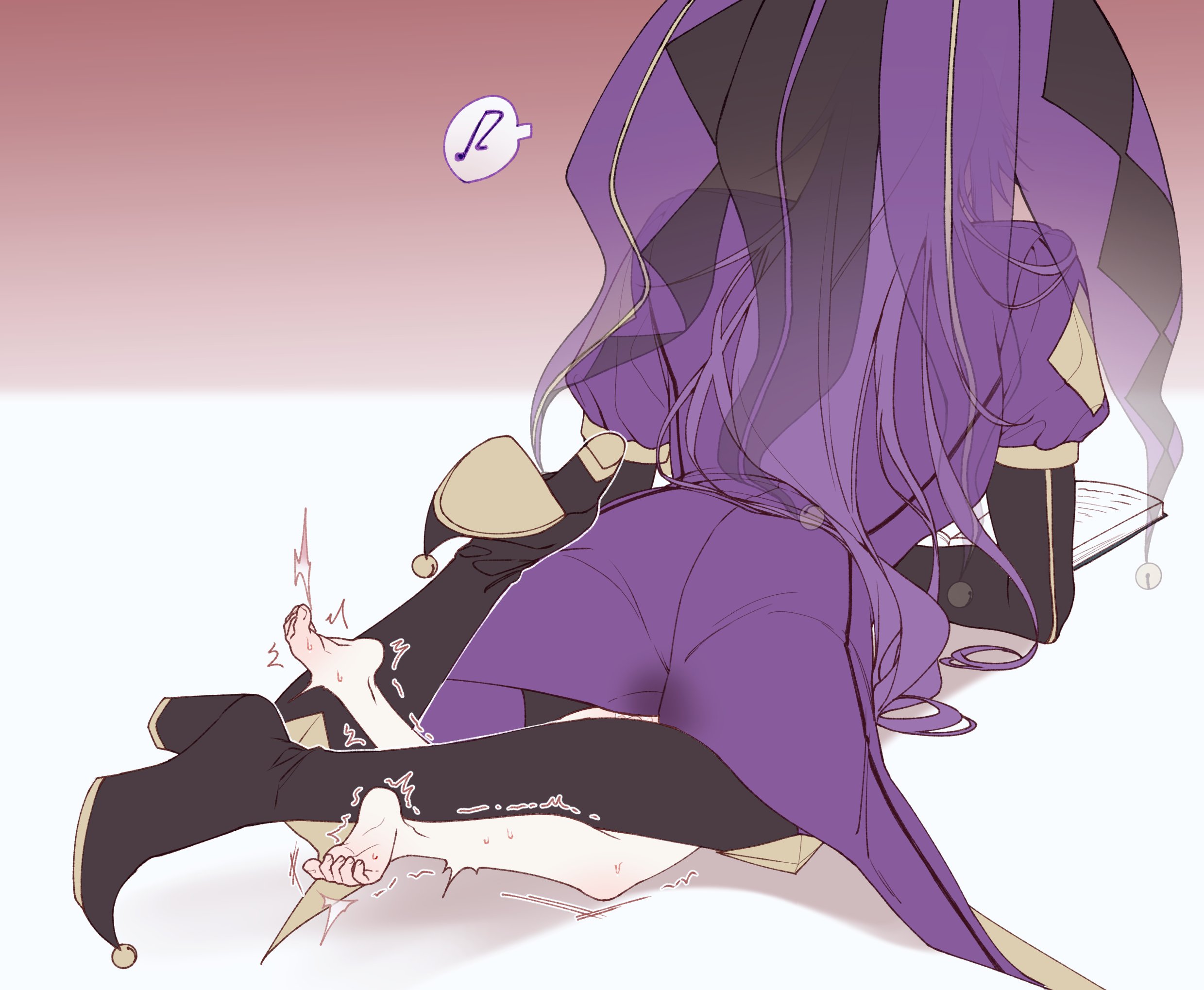 black sleeves, clothed male nude female, crossed arms, crossed legs, dominant male, heels, height difference, jester (the freak circus), larger male, laying on floor, laying on person, laying on stomach, long hair, male/female, orgasm through clothing, pale-skinned female, purple clothing, purple hair, smaller female, submissive, submissive female, the freak circus