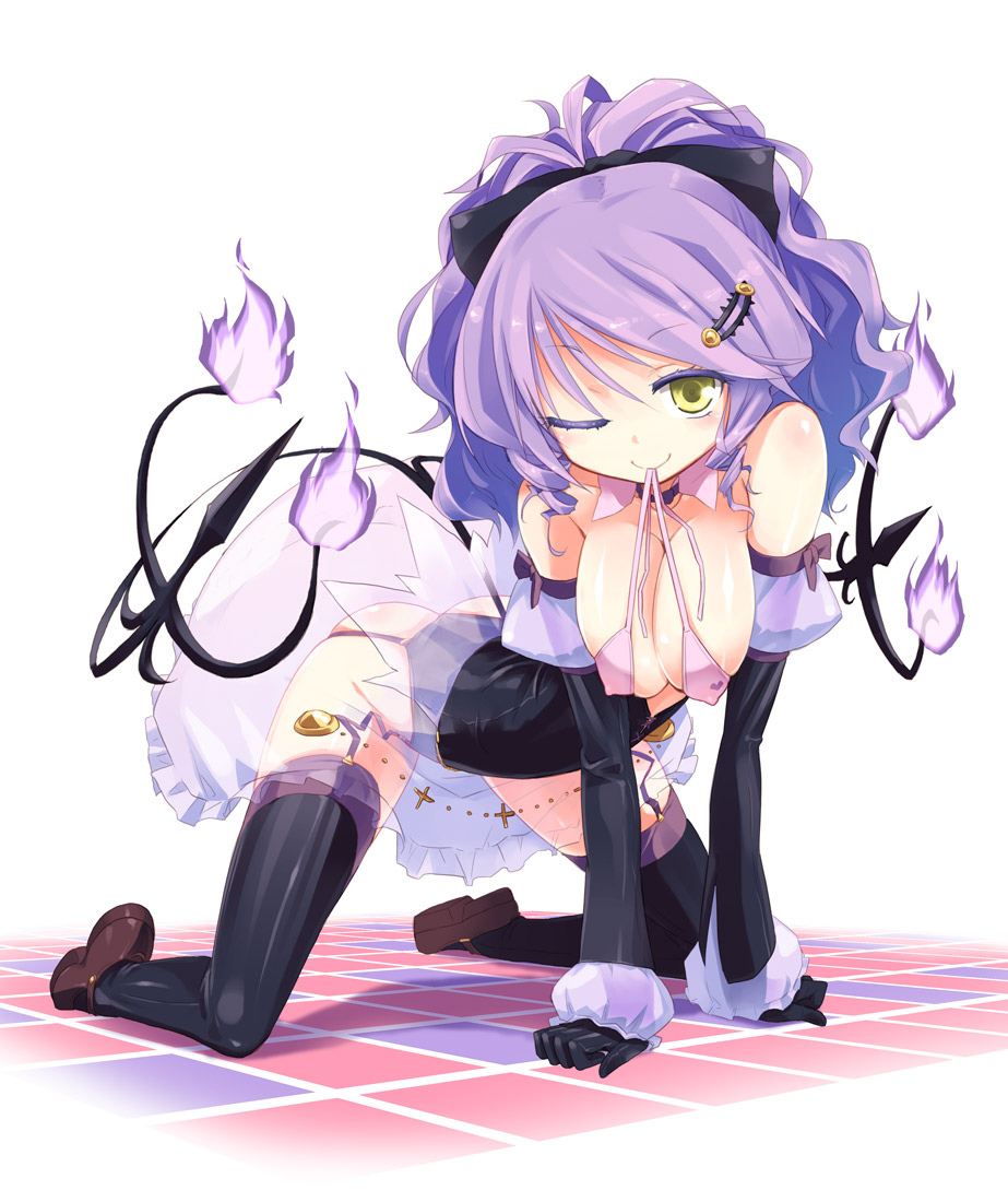 1girls, bare shoulders, breast squeeze, breasts, chandelure, cleavage, costume, erect nipples, female, garter straps, hair ornament, hairclip, homura subaru, large breasts, mouth hold, nipples, personification, pokemon, pokemon bw, purple hair, simple background, skirt, solo, thighhighs, white background, wink, yellow eyes