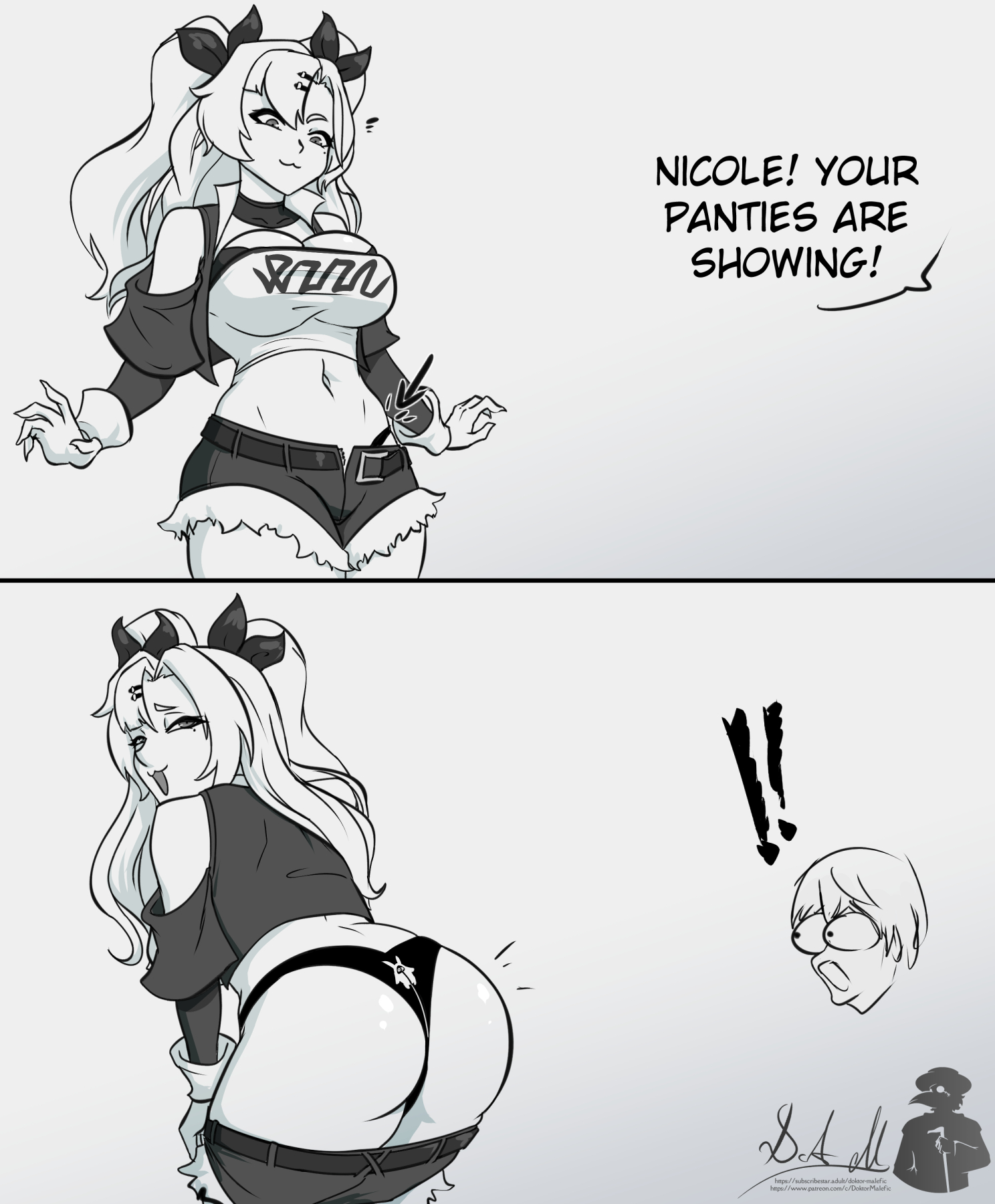 :3, 1boy, 1girls, ass, ass awe, bent over, big ass, big breasts, black panties, bra strap is showing (meme), breasts, doktor malefic, hoyoverse, large breasts, monochrome, naughty face, nicole demara, parody, phaethon (zenless zone zero), pink hair, smile, solo, text, twintails, wise (zenless zone zero), zenless zone zero