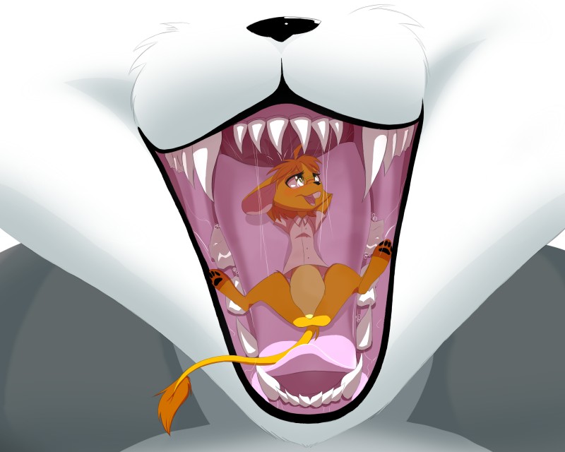 anthro dentist dr._kree eyeofcalamity feral furry imminent_oral_vore micro_in_mouth micro_on_tongue no_genitals saliva tongue vore white_fur yellow_fur