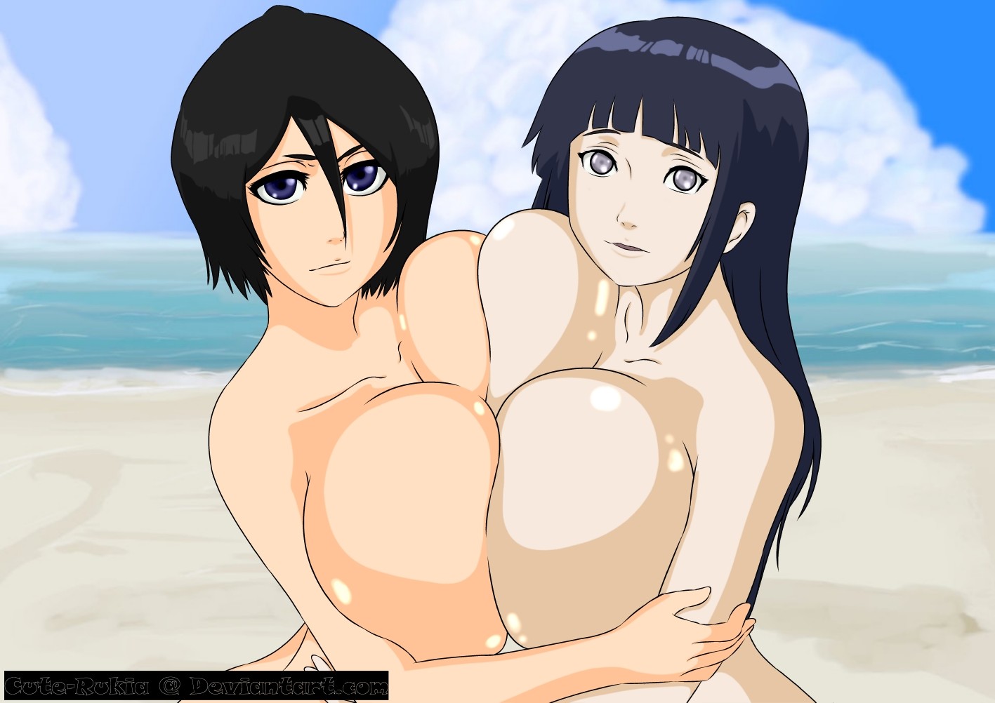 2girls, alternate breast size, big breasts, big eyes, bleach, breast squeeze, breasts, crossover, cute-rukia, female, female only, huge breasts, human, hyuuga hinata, kuchiki rukia, long hair, looking at viewer, multiple females, multiple girls, naked, naruto, naruto (series), nude, nude female, ocean, purple eyes, sand, short hair, topless, water, yuri