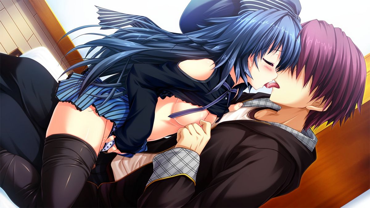 blue_hair breasts_on_chest closed_eyes dutch_angle faceless_male french_kiss game_cg hat kamikaze_explorer! kissing long_hair masturbation nipple_tweak nipples no_bra oppai oshiki_hitoshi panties pussy_juice romantic saliva sex shirt_lift skirt_lift straddle straight thighhighs tongue usami_saori