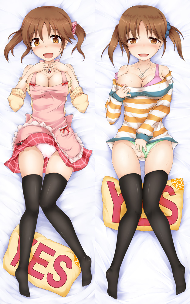 1girls :d apron areolae bare_shoulders black_legwear blush bow breast_suppress breasts brown_eyes brown_hair cleavage collarbone dakimakura erect_nipples female green_panties idolmaster idolmaster_cinderella_girls jewelry large_breasts lying necklace nipple_slip on_back open_mouth panties panties_aside panty_pull pillow pussy scrunchie shimo_(depthbomb) skirt skirt_lift sleeves_pushed_up smile solo strap_slip striped sweater text thighhighs tied_hair totoki_airi twintails underwear white_panties