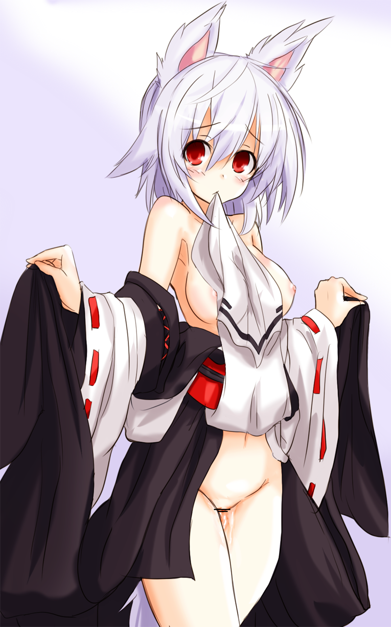 1girls alternate_costume animal_ears bare_shoulders blush breasts censored detached_sleeves female fur highres kourindou_tengu_costume momiji_inubashiri mound_of_venus mouth_hold nipples pussy_juice red_eyes silver_hair solo tail topless touhou wide_sleeves wolf_ears wolf_tail yu-ves