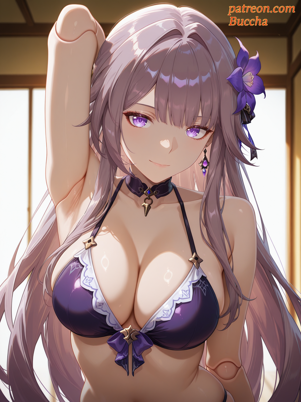 ai generated, arm behind head, arm up, armpits, bare shoulders, bikini, bra, breasts, buccha, choker, cleavage, closed mouth, clothing, collarbone, doll joints, earrings, female, flower, front-tie top, grey hair, hair flower, hair ornament, halterneck, herta (honkai: star rail), honkai: star rail, indoors, jewelry, joints, large breasts, long hair, looking at viewer, navel, original, patreon, puppet, purple bikini, purple choker, purple eyes, purple flower, purple swimsuit, smile, solo, swimsuit, upper body, very long hair