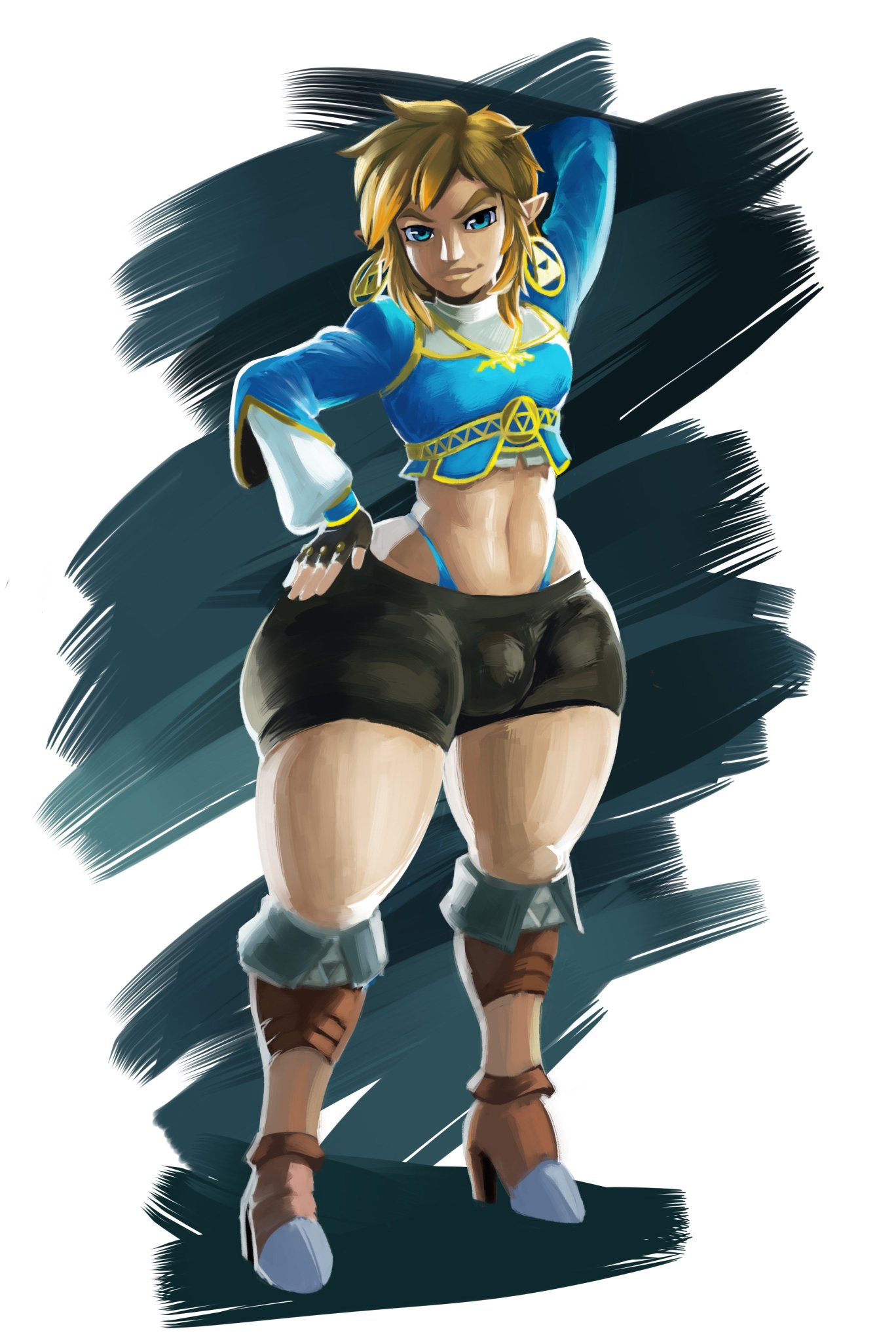 1boy, 2019, 2d, 5 fingers, alternate version available, androgynous, bike shorts, blue eyes, blue underwear, boots, breath of the wild, brown hair, bulge, canon crossdressing, clothed, clothed male, clothing, color, cosplay, crop top, crossdressing, crossplay, cursedyblessart, earrings, eyebrows, eyelashes, eyeliner, eyeshadow, femboy, femboy only, footwear, girly, hair, heels, high heel boots, high heels, hoop earrings, hourglass figure, humanoid, humanoid hands, hylian, link, link (breath of the wild), looking at viewer, male, male only, navel, nintendo, non-nude, panties, pointy ears, pouty lips, princess zelda (cosplay), shorts, solo, the legend of zelda, thick, thick thighs, thong, thong straps, trap, triforce earrings, wide hips