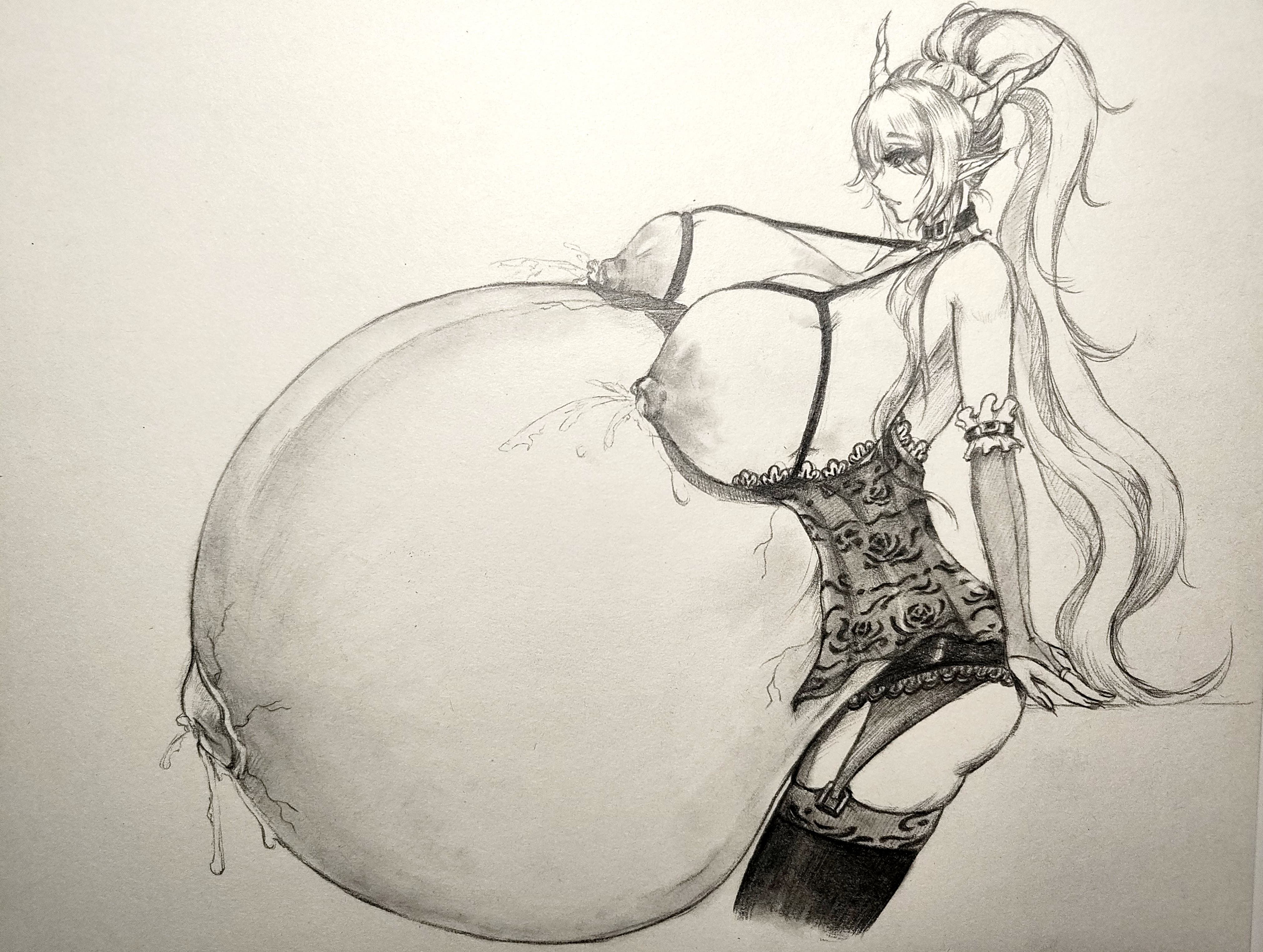 1girls, arknights, ass, belly, breasts, female, female only, fingerless elbow gloves, garter straps, horns, huge belly, huge breasts, hyper belly, hyper pregnancy, lactating, lactation, lactation without expressing, leaking navel, lingerie, long hair, massive belly, monochrome, multiple pregnancies, nipples, pencil (artwork), pregnant, pregnant belly, ready to pop, shining (arknights), stockings, traditional media (artwork), tsakura, veiny belly
