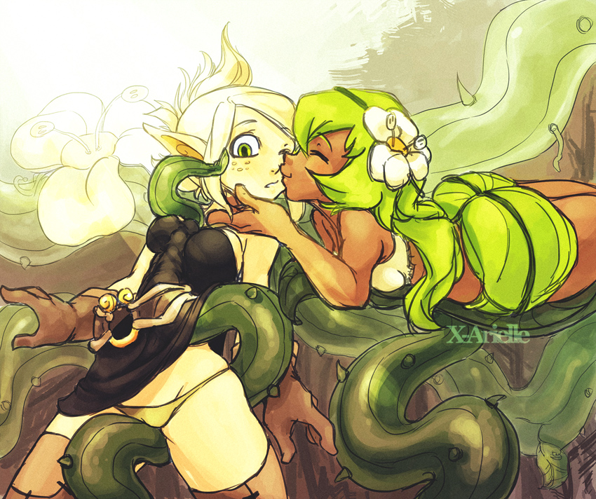 2girls, amalia, ankama, ass, bare shoulders, belt, blonde hair, bra, breasts, closed eyes, clothed, clothing, cra, dark skin, dress, dress lift, ehryel, evangelyne, female, female only, flower, green eyes, interspecies, kissing, multiple females, multiple girls, one closed eye, panties, plant girl, pointy ears, princess amalia sheran sharm, rubbing, sadida, smile, spikes, spread legs, tentacle, tentacles, tentacles under clothes, wakfu, yellow panties, yuri