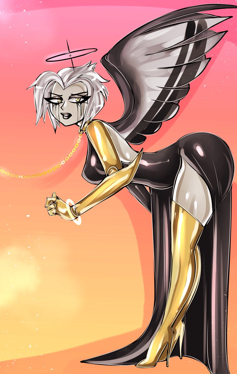1 arm, amazon prime, amputee, angel, angel girl, angel wings, angry face, ass, bitterbunz, black dress, black halo, breasts, cartoon, chains, collar, crying, crying with eyes open, female, golden collar, golden heels, golden leash, halo, hazbin hotel, hazbin hotel (season 2), heel boots, hellaverse, leash, leggings, lute (hazbin hotel), makeup, makeup running, mascara, mascara tears, mechanical arm, missing arm, power (angel), robotic arm, short hair, white body, white hair, white hair female, white skin, wings, yellow eyes
