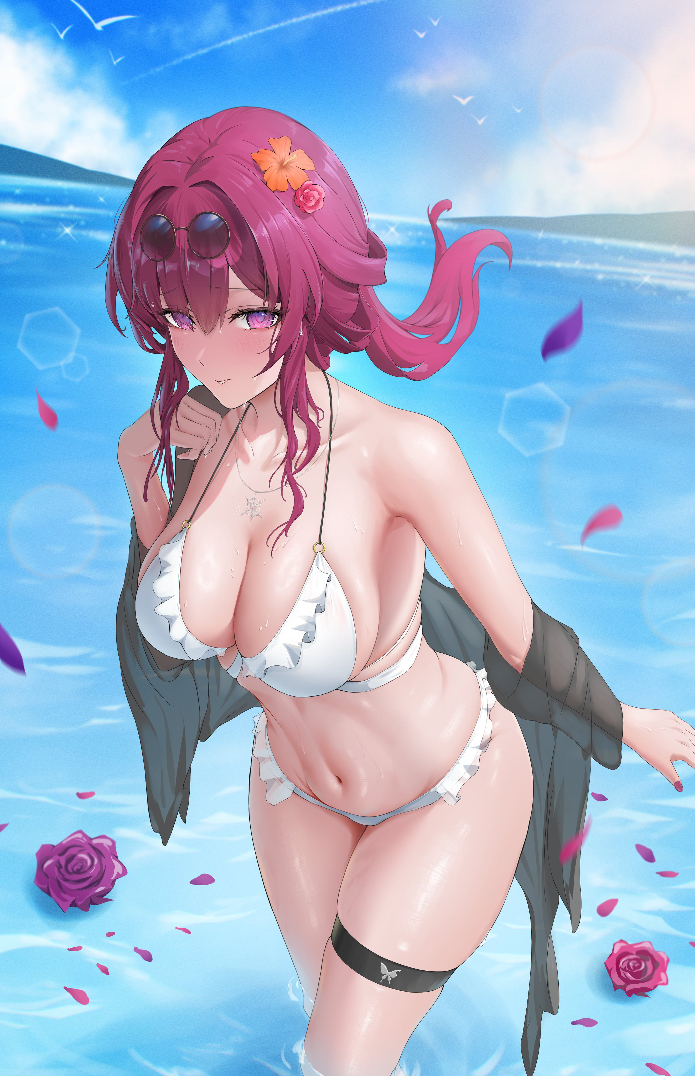 absurdres, alternate costume, bikini, breasts, cleavage, eyewear on head, female, female only, highres, honkai (series), large breasts, looking at viewer, purple eyes, purple hair, red eyes, solo, solomon 0616, swimsuit, thigh strap, wet, white bikini