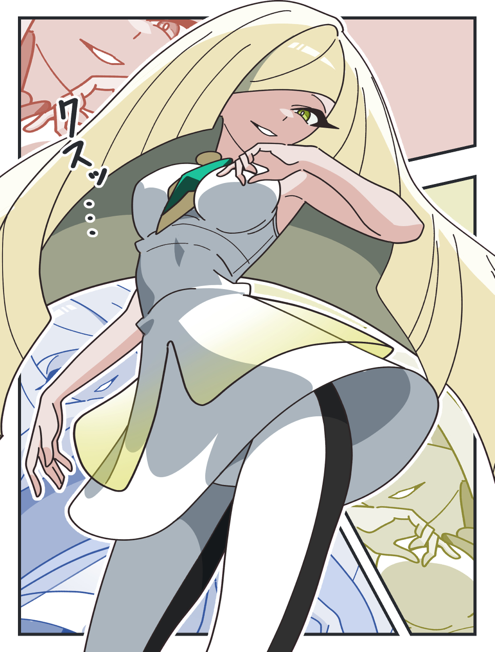 1girls, blonde hair, breasts, dress, female, female only, green eyes, hair over one eye, highres, kanbei (pixiv11037490), looking at viewer, lusamine (pokemon), nintendo, pants, pokemon, pokemon sm, smile, solo, swept bangs, white dress, white pants