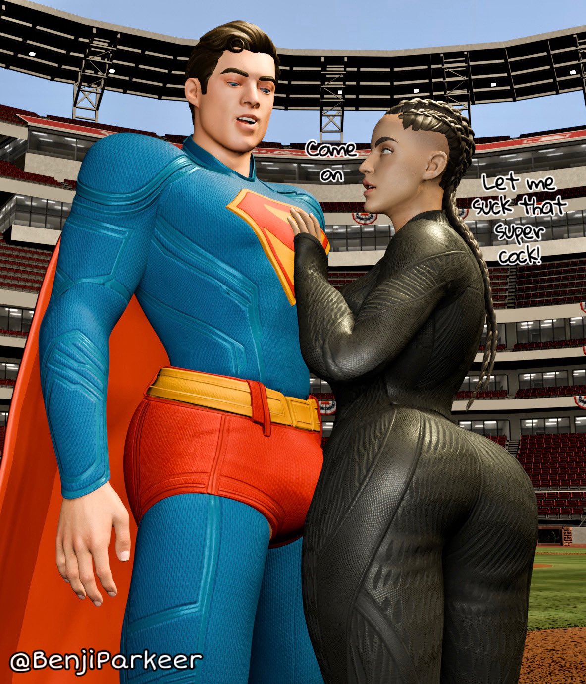 1boy, 1boy1girl, 1girls, 3d, angela spica, baseball, before sex, benjiparker, big ass, blender, blender (software), david corenswet, dc, dc comics, dcu, dialogue, erection, female, fortnite, fortnite: battle royale, looking at ass, male, superman, superman (2025), superman (clark kent), superman (dcu), superman (series), the engineer, the engineer (dcu)