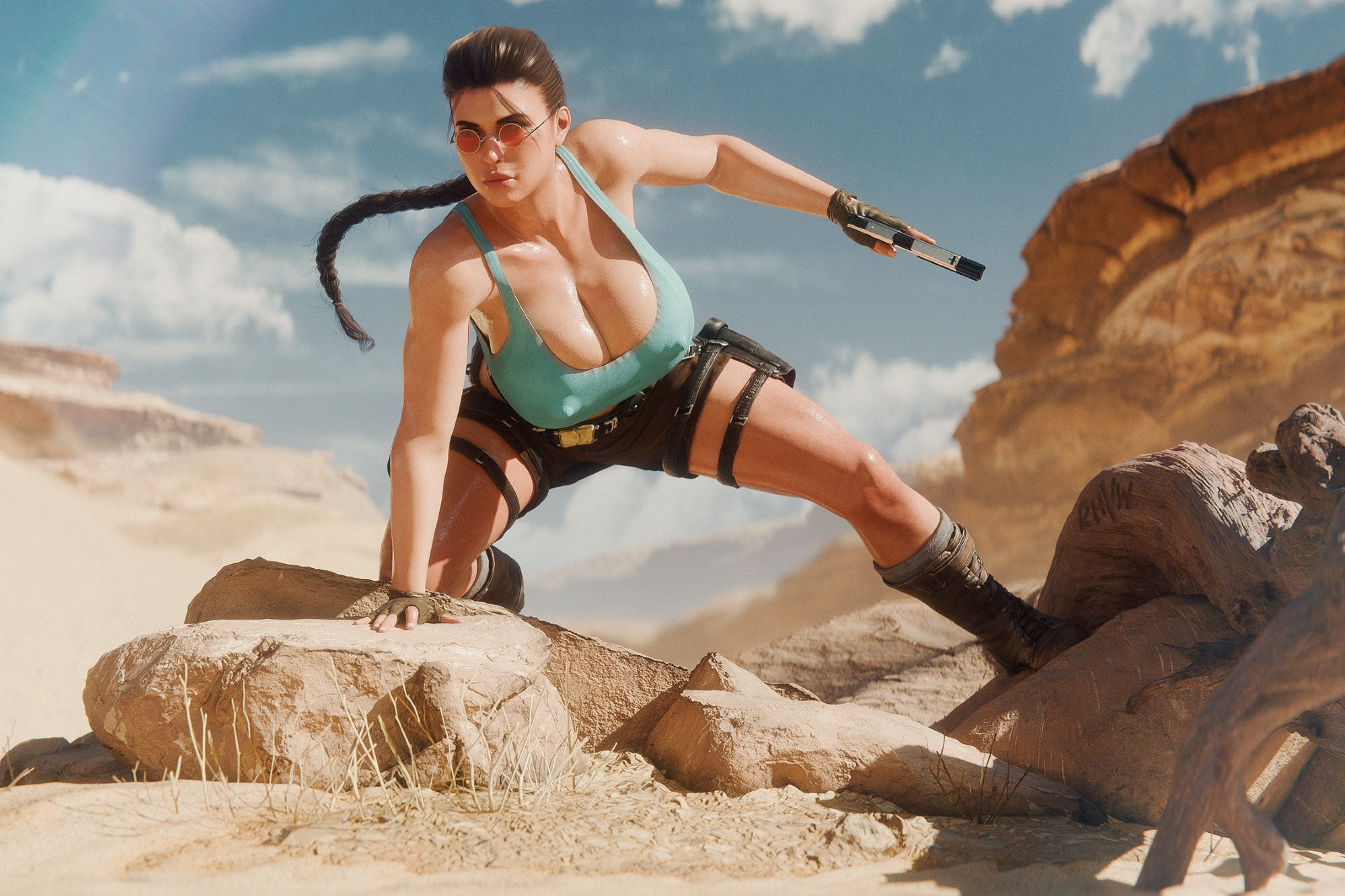 3d, big breasts, boots, braid, breasts, brown hair, busty, cleavage, crop top, desert, erect nipples, female, female focus, female only, fingerless gloves, hourglass figure, lara croft, lara croft (classic), large breasts, long hair, nipple bulge, outdoors, outside, pinup, pinup pose, rhywlad, short shorts, sunglasses, tagme, tinted eyewear, tomb raider, tomb raider (classic), wide hips