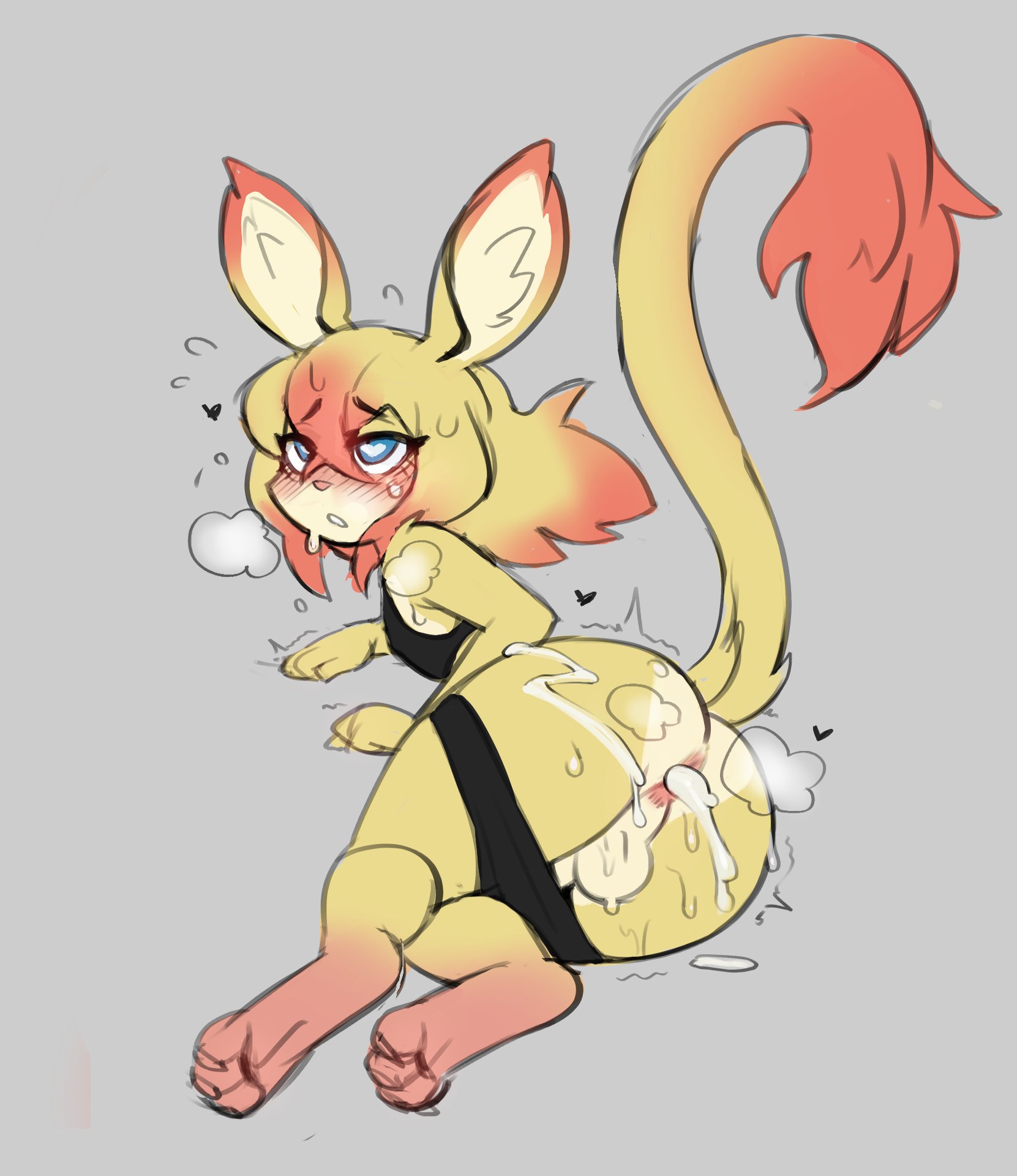 1boy, anthro, anus, ass, balls, big ass, blue eyes, blush, cum, cum in ass, cum on ass, femboy, furry, hair, heart-shaped pupils, heavy breathing, long ears, lying on side, male, male anthro, male only, nude, shirt, shorts, solo, solo male, stylusknight, tail, trap, yellow fur