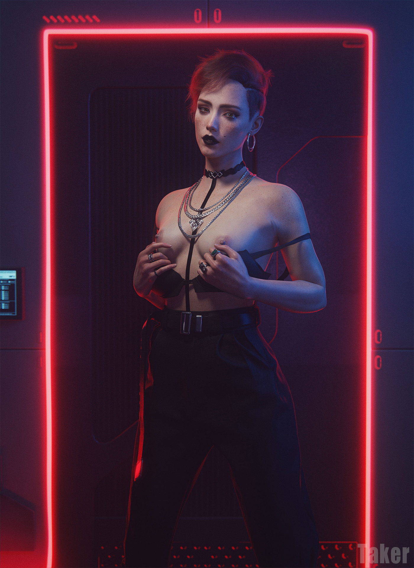 1girls, 2025, 3/4 view, 3d, alternate version available, areolae, aurore cassel, black lipstick, bra, bra pull, breasts, clothed, clothed female, cybernetics, cyberpunk 2077, detailed background, female, female only, flashing, flashing breasts, ginger hair, high waisted pants, high-waist pants, image set, indoors, lipstick, looking at viewer, medium breasts, nipples, pulled by self, short hair, solo, takerskiy, yellow eyes