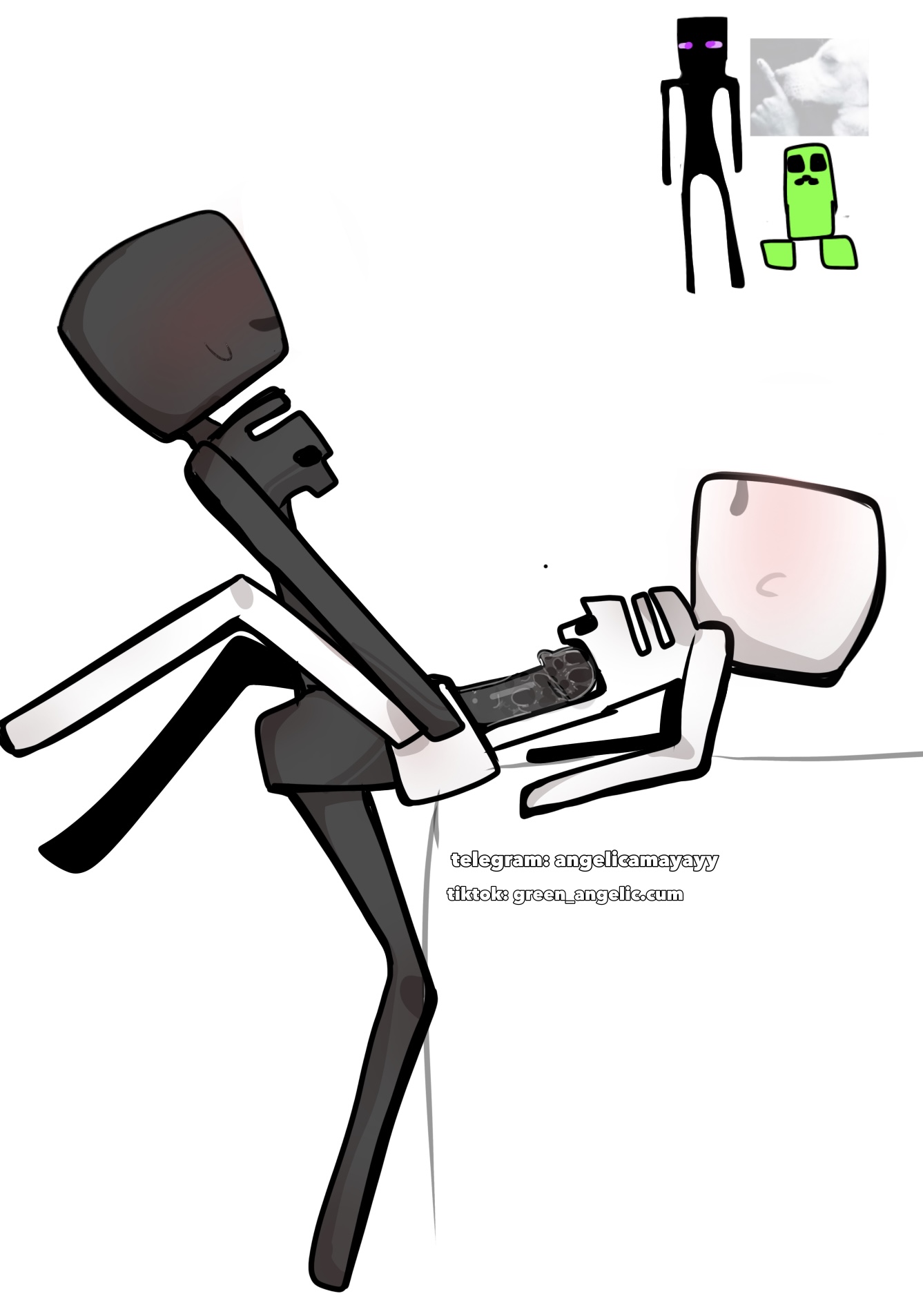 2boys, ambiguous gender, angelic ama, blush, bone, creeper, enderman, male, meme in the background, minecraft, minecraft mob, mob, mojang, penis, sex, skeleton, skeleton (minecraft), toony, wither skeleton (minecraft)