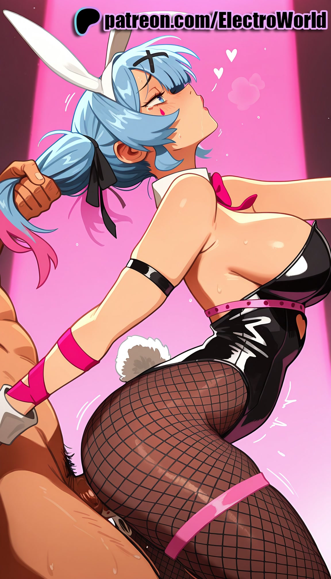 1boy, 1girl, 1girls, 2025, ai generated, animal ears, arched back, arm strap, artist name, bangs, bare shoulders, black leotard, black ribbon, blue eyes, blue hair, blush, bow, bowtie, breasts, bust, chest, clothed female nude male, cum, cum in pussy, detached collar, electroworld, fake animal ears, fake tail, female, fishnet legwear, fishnets, from side, fucking, grabbing another's hair, hair ornament, hair ribbon, hatsune miku, heart, hetero, hi res, high quality, high resolution, highres, intercourse, large breasts, leotard, long hair, love making, male, male pubic hair, nude, pantyhose, patreon, patreon username, penetration, penis, pink background, playboy bunny, pubic hair, rabbit ears, rabbit hole (vocaloid), rabbit tail, ribbon, sex, sex from behind, sexual intercourse, solo focus, stable diffusion, strapless, sweat, tail, thigh strap, twintails, uncensored, vaginal, vocaloid, watermark, wrist cuffs, x hair ornament