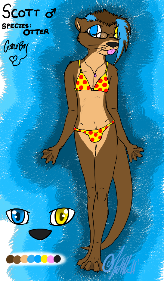 anthro bikini blue bulge crossdressing eyeswear gay girly glasses lostlove male model_sheet otter pendant polka_dots red scott_(character) skimpy solo tagme tongue yellow