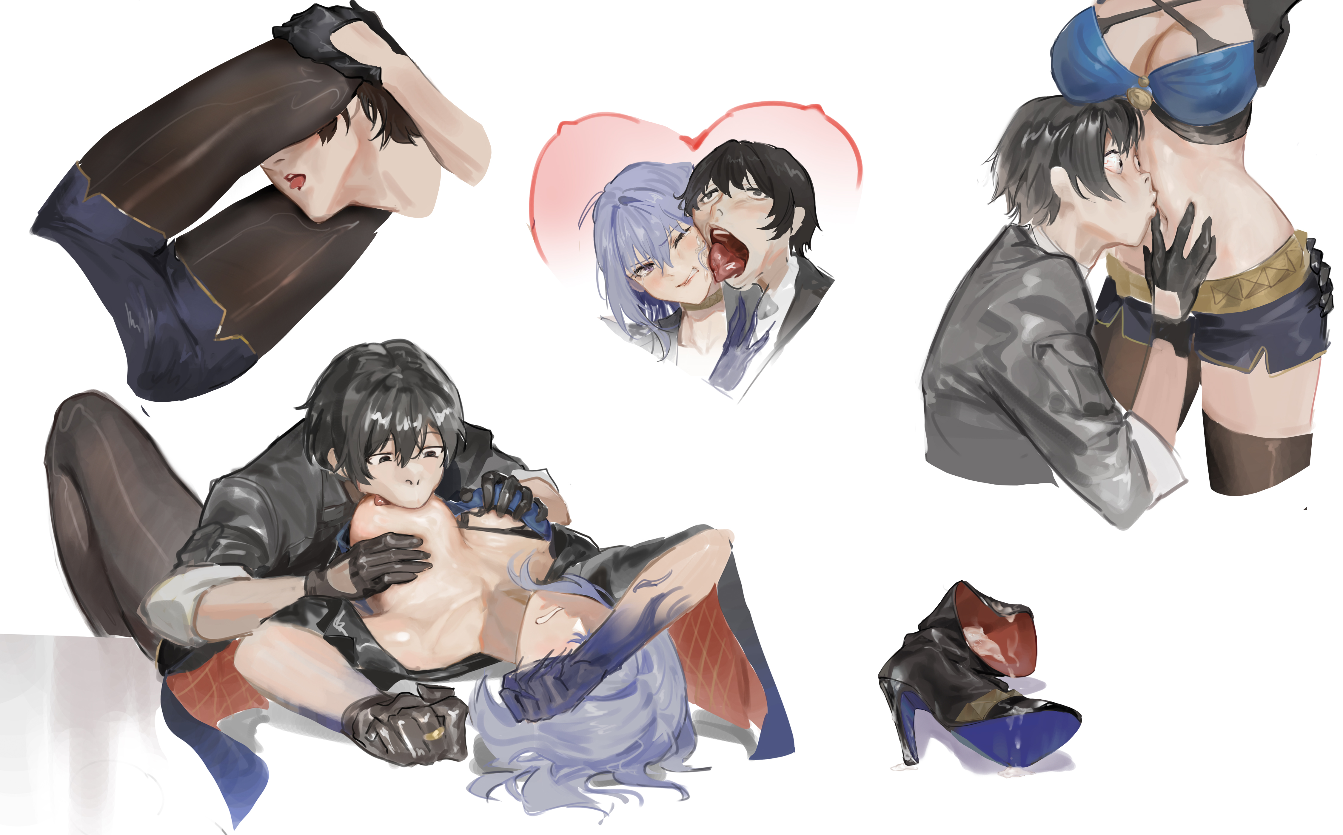 1boy, 1girls, breasts, cum in heels, dominant male, female, galbrena (wuthering waves), highres, horny male, kissing stomach, licking cheek, male, male rover (wuthering waves), rover (wuthering waves), squeezing breasts, straight, submissive female, sucking breasts, thighs, unknown artist, wuthering waves