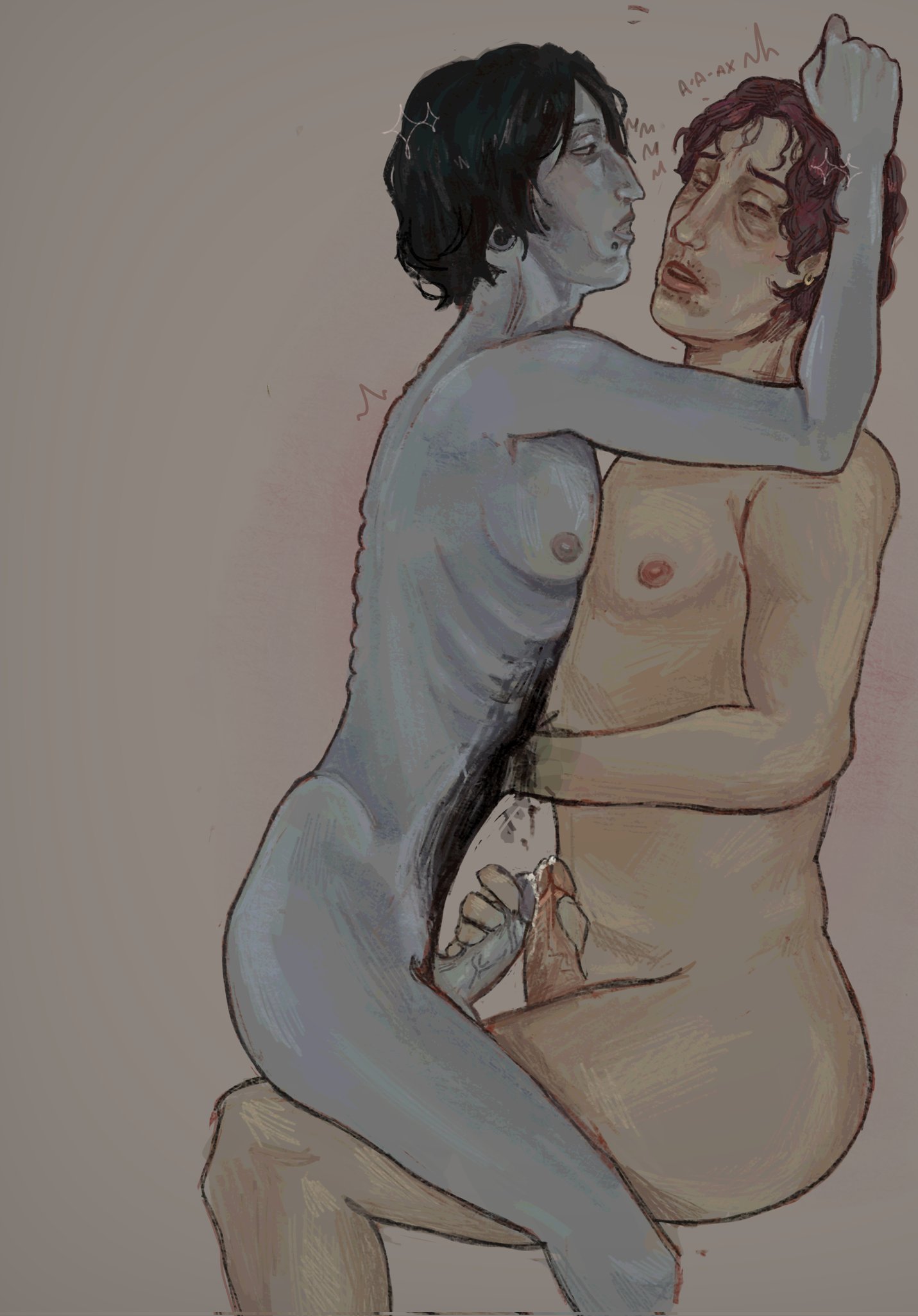 2boys, aster0pia, black hair, blue body, blue skin, body horror, brown hair, coat guy (no, i'm not a human), completely nude, erection, frottage, gauged ear, gay, handjob, lip piercing, male, male only, masturbation, no, i'm not a human, nude, pale skin, pale-skinned male, penis, profile, ribs, side view, skinny, snakebite piercing, uncensored, uncommon stimulation, unusual anatomy, wireface (no, i'm not a human), yaoi