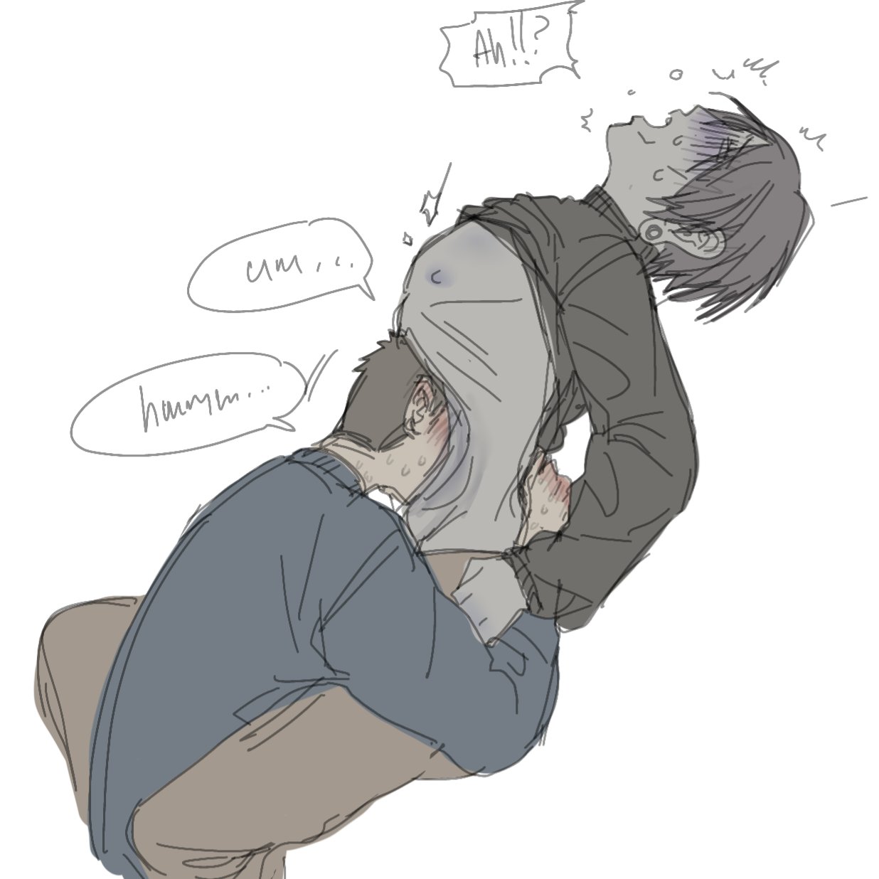 2boys, blush, coat guy (no, i'm not a human), english text, gauged ear, gay, grey body, grey skin, head back, ixnsfw07, looking pleasured, male, male only, no, i'm not a human, protagonist (no, i'm not a human), sweat, sweater, sweater lift, turtleneck, uncommon stimulation, unusual anatomy, yaoi