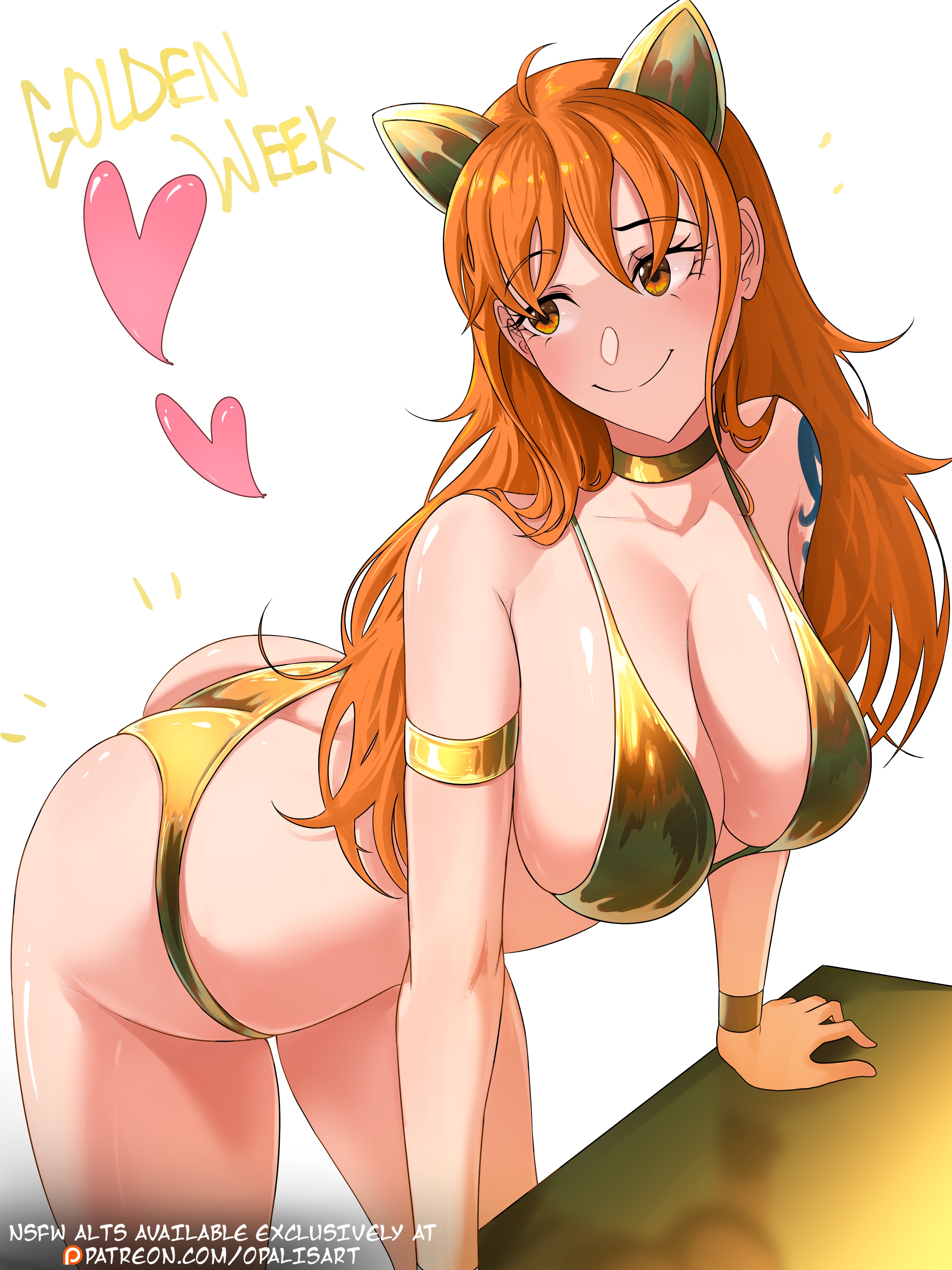 1girls, absurdres, ahoge, animal ears, arm rest, arm tattoo, ass, bent over, bikini, bikini bottom, blue tattoo, breasts, brown eyes, cat ears, cleavage, female, female only, gold bikini, gold choker, golden week, heart, highres, large breasts, nami (one piece), one piece, opalis, opalisart, orange hair, orange-haired female, simple background, smile, solo, swimsuit, table, tattoo, white background