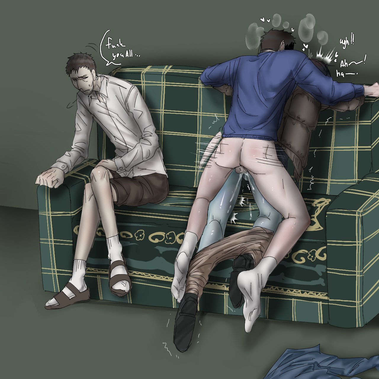 3boys, anal, anal sex, annoyed, balls, bar guy (no, i'm not a human), blue body, blue skin, bottomless, breath, coat guy (no, i'm not a human), cum, cum in ass, cum inside, english text, exhibitionism, from behind, gay, ixnsfw07, male, male only, motion lines, no, i'm not a human, pale skin, pale-skinned male, pants down, protagonist (no, i'm not a human), public nudity, public sex, skinny, sofa, uncensored, uncomfortable, yaoi, yaoi with male audience
