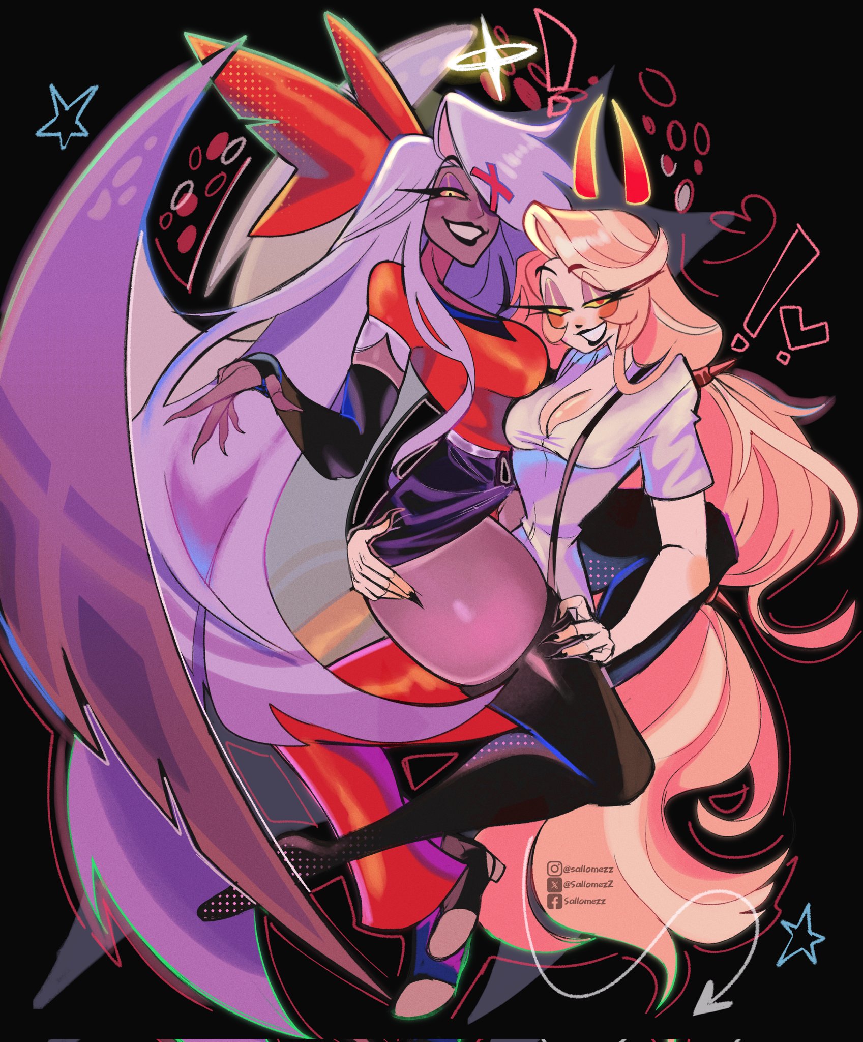angel, angel girl, angel wings, bedroom eyes, blonde hair, canon couple, charlie morningstar (hazbin hotel), cleavage, demon, demon girl, demon horns, female, female only, hazbin hotel, looking at viewer, panties, sallomezz, upskirt, vaggie (hazbin hotel), white hair, whore eyes, yuri