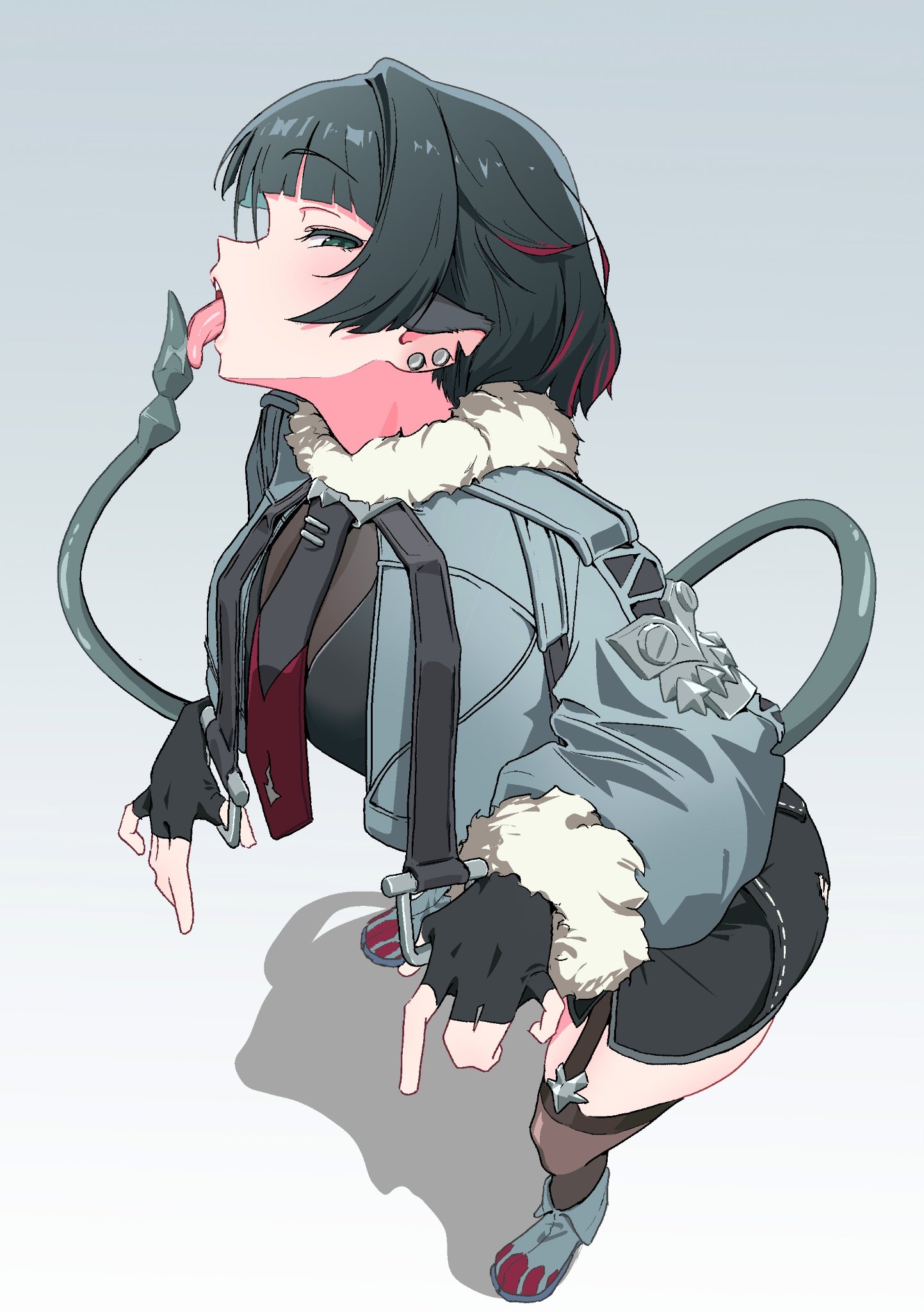 black gloves, black shorts, blunt bangs, female, female only, fingerless gloves, full body, fur trim, fur-trimmed jacket, gloves, green eyes, green hair, green jacket, gujin (tp acid), highres, jacket, jane doe (zenless zone zero), looking at viewer, mouse tail, multicolored hair, open mouth, red hair, shadow, shorts, sidelocks, simple background, solo, standing, streaked hair, tail, tongue, tongue out, two-tone hair, zenless zone zero