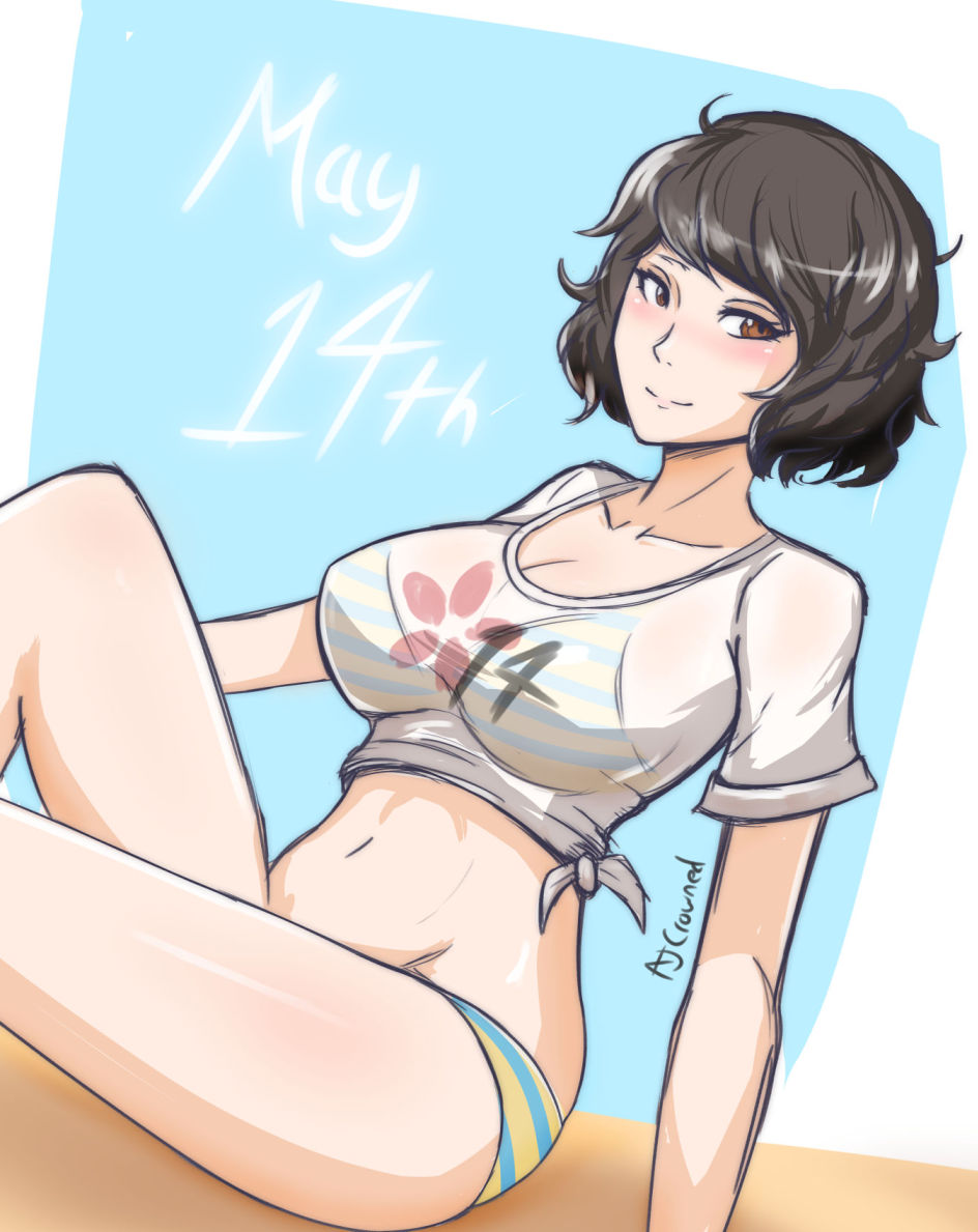 1girls, ajcrowned, artist name, atlus, bikini, bikini under clothes, black hair, blush, breasts, brown eyes, dated, female, large breasts, looking at viewer, navel, persona, persona 5, sadayo kawakami, sadayo kawakami (swimsuit), shirt, short hair, solo, solo female, solo focus, striped bikini, swimsuit, swimwear, thick thighs, thighs