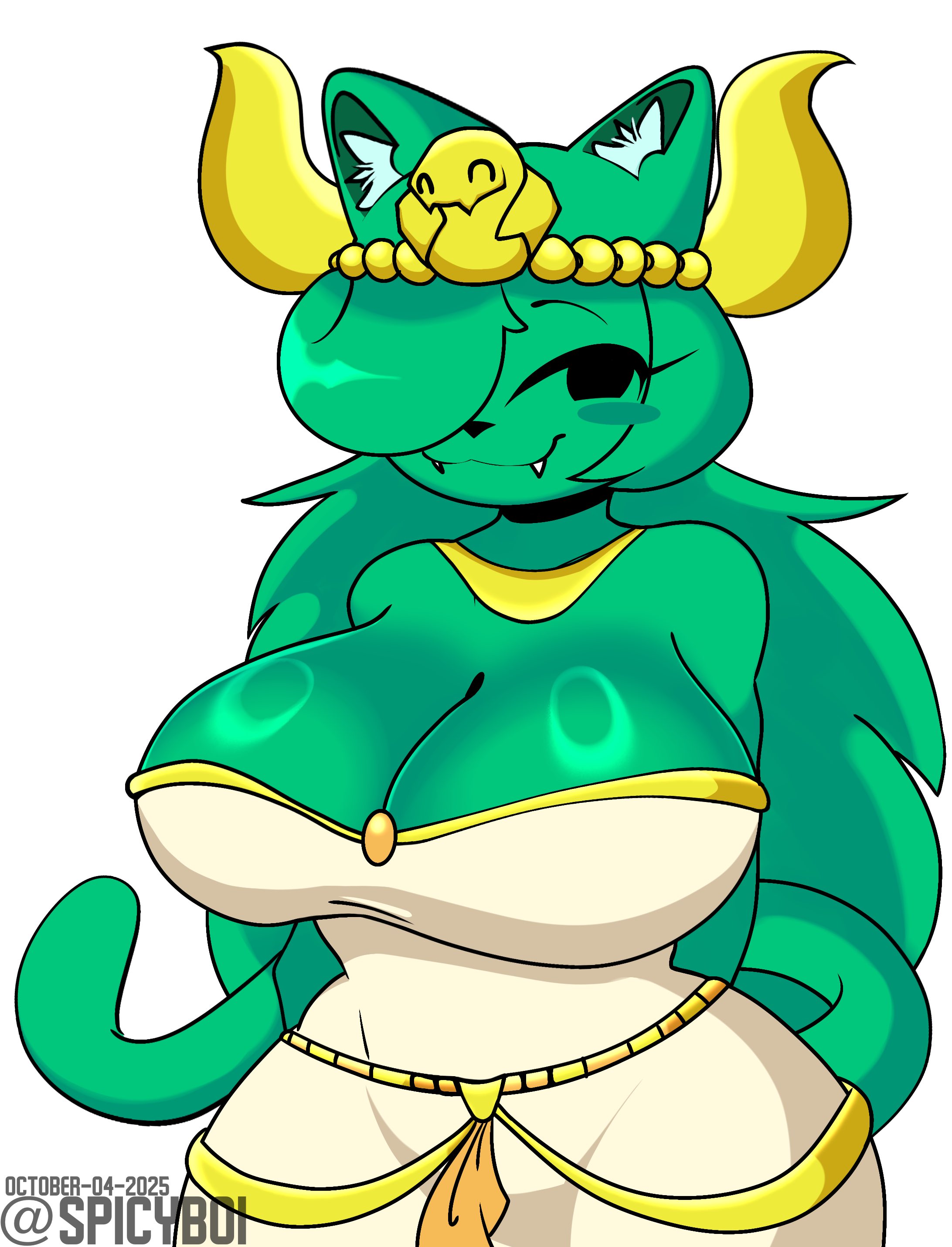 :3, 1girls, animal ears, anthro, black eyes, black nose, blush stickers, breasts, cat ears, cat girl, cat tail, cleavage, dated, dress, fangs, feline, female, friday night funkin, friday night funkin (minus mod), friday night funkin mod, green fur, green hair, hair over one eye, horns, hourglass figure, large breasts, long hair, looking at viewer, midnight (friday night funkin), midnight memorabilia, minus midnight, mob face, spicyboi, tagme, tail, thick thighs, twitter username, white background