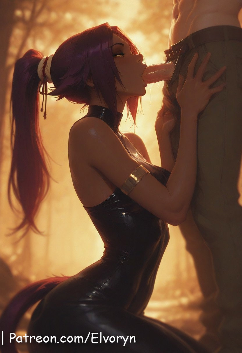 1boy, 1girls, ai generated, ass, athletic, athletic female, big ass, big breasts, bleach, blowjob, breasts, dark skin, dark-skinned, dark-skinned female, duo, elvoryn, fellatio, female, female on cloth, fit female, huge ass, interracial, kemonomimi, kneeling, kneeling oral position, large breasts, light skin, light-skinned male, male, muscular, muscular female, on knees, oral sex, penis, penis in mouth, pussy, sex, shihouin yoruichi, slim waist, thick ass, thick thighs, vaginal penetration, variant set, wide hips