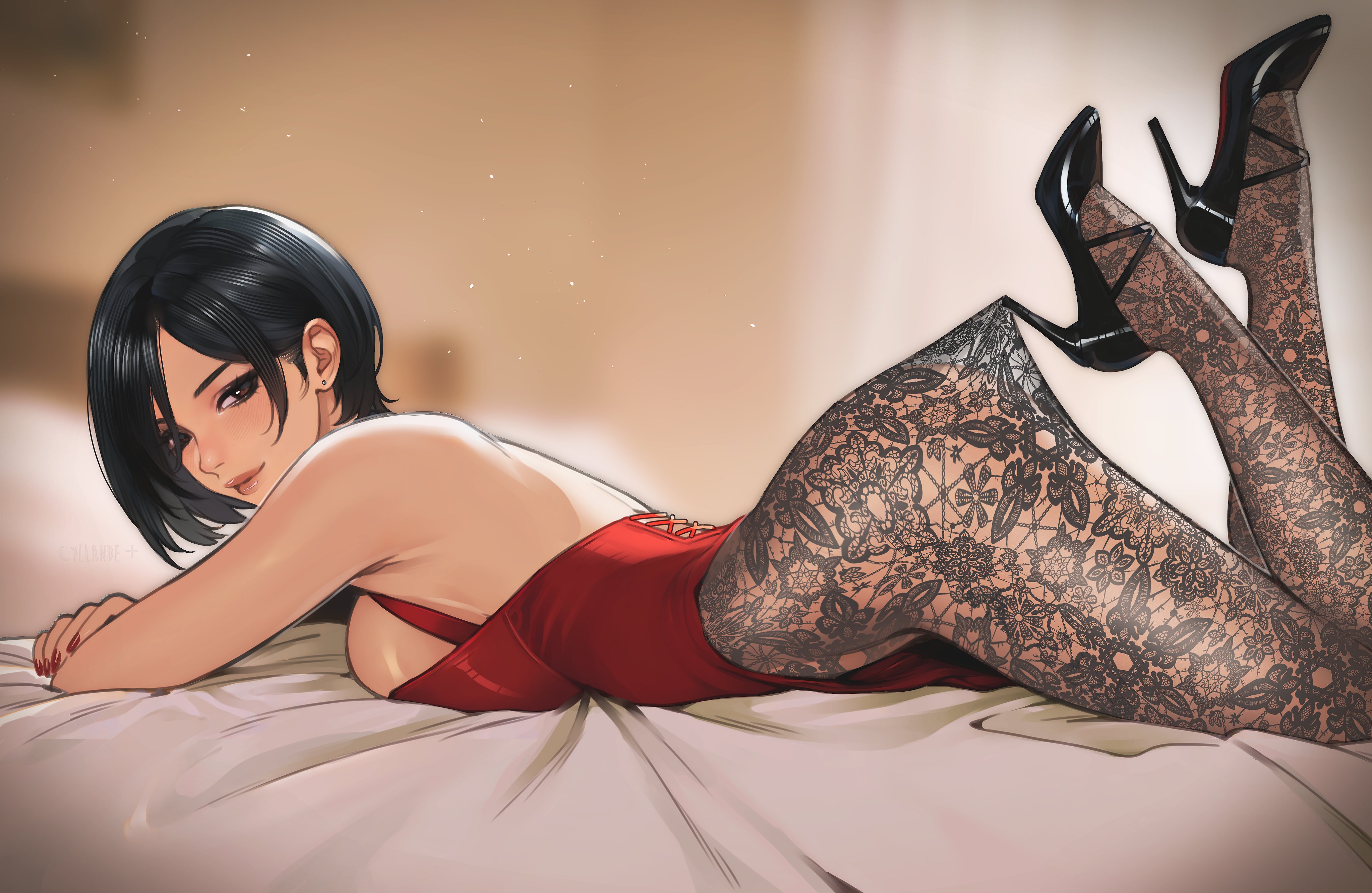 1girls, absurdres, ada wong, asian, asian female, bare shoulders, bed sheet, black eyes, black hair, black shoes, blurry, blurry background, breasts, closed mouth, commentary, english commentary, female, floral print, floral print pantyhose, high heels, highres, hooked on heel, lace pantyhose hooked on heel (meme), large breasts, leotard, light smile, lips, looking at viewer, lying, meme, on stomach, pantyhose, red leotard, resident evil, shoes, short hair, smile, solo, yiiande