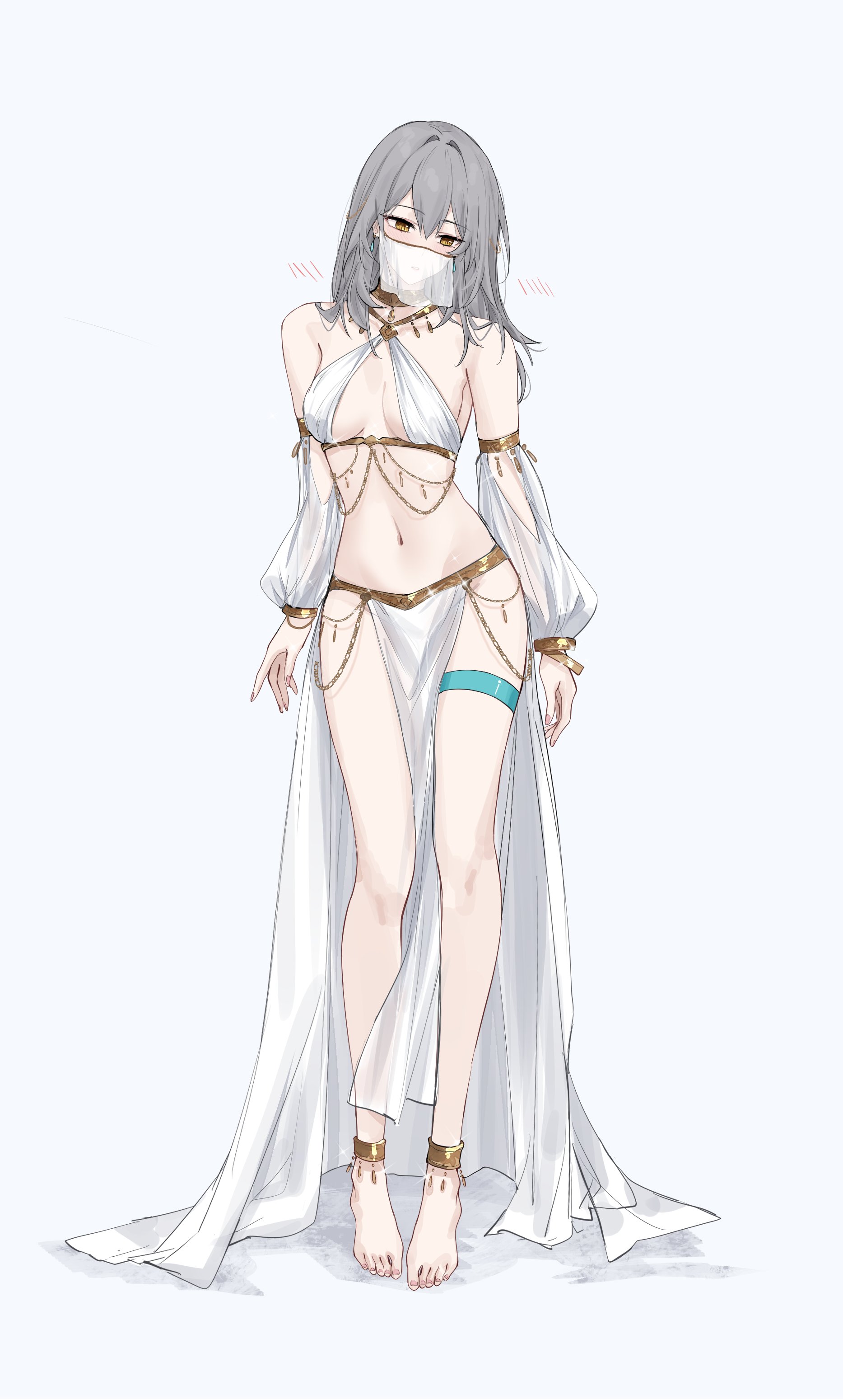 anklet, belly dancer, belly dancer outfit, bocas top, breasts, detached sleeves, feintheart721, female, female only, gold eyes, grey hair, harem girl, harem outfit, honkai: star rail, jewelry, large breasts, loincloth, long hair, stelle (honkai: star rail), veil