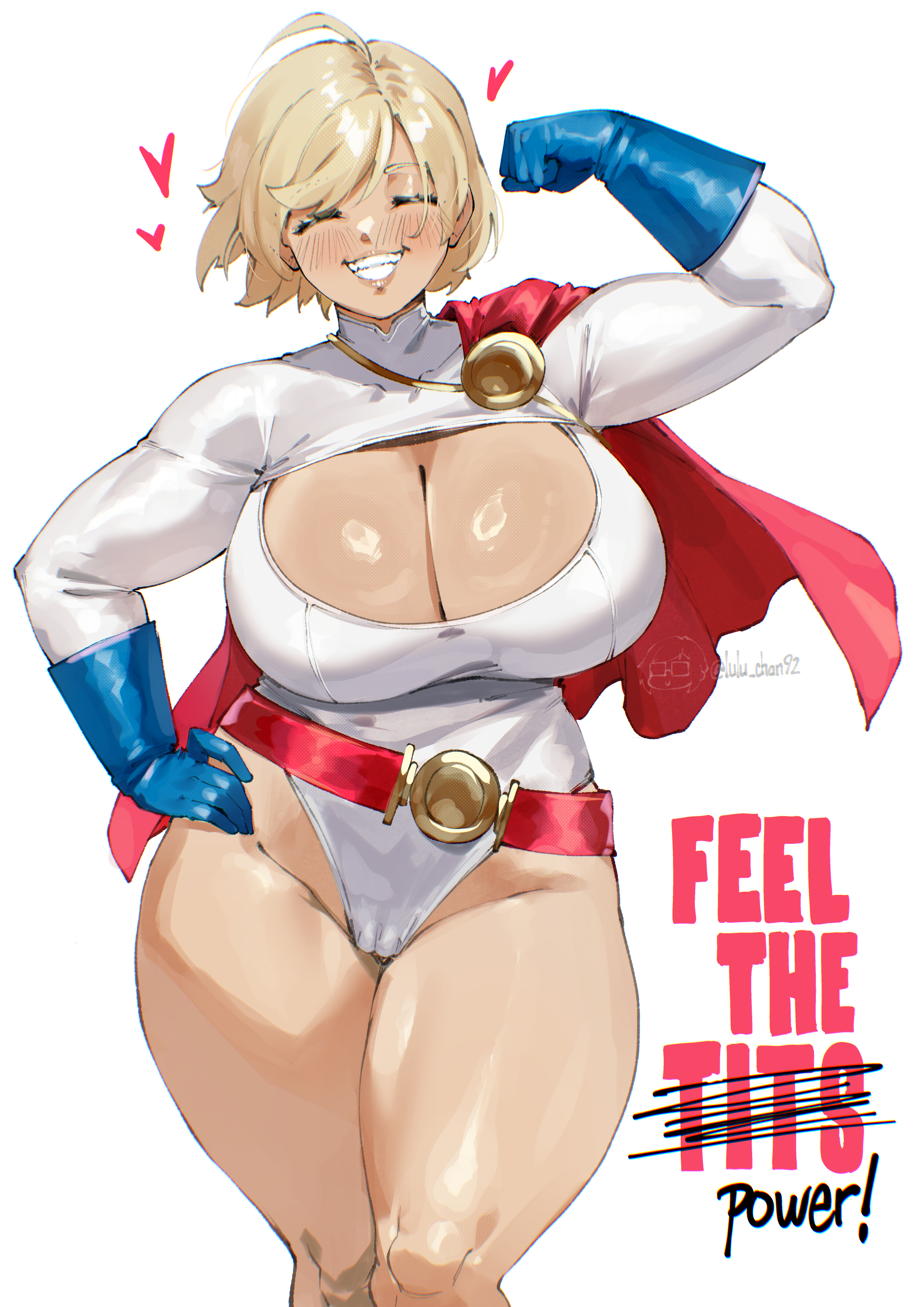 1girls, big breasts, blonde hair, blue eyes, boob window, breasts, cleavage, curvy, curvy figure, dc, dc comics, english text, female, female focus, female kryptonian, female only, huge boobs, huge breasts, karen starr, kryptonian, large breasts, large thighs, lulewd chan, lulu-chan92, power girl, superheroine, superman (series), text, thick, thick legs, thick thighs, thighs