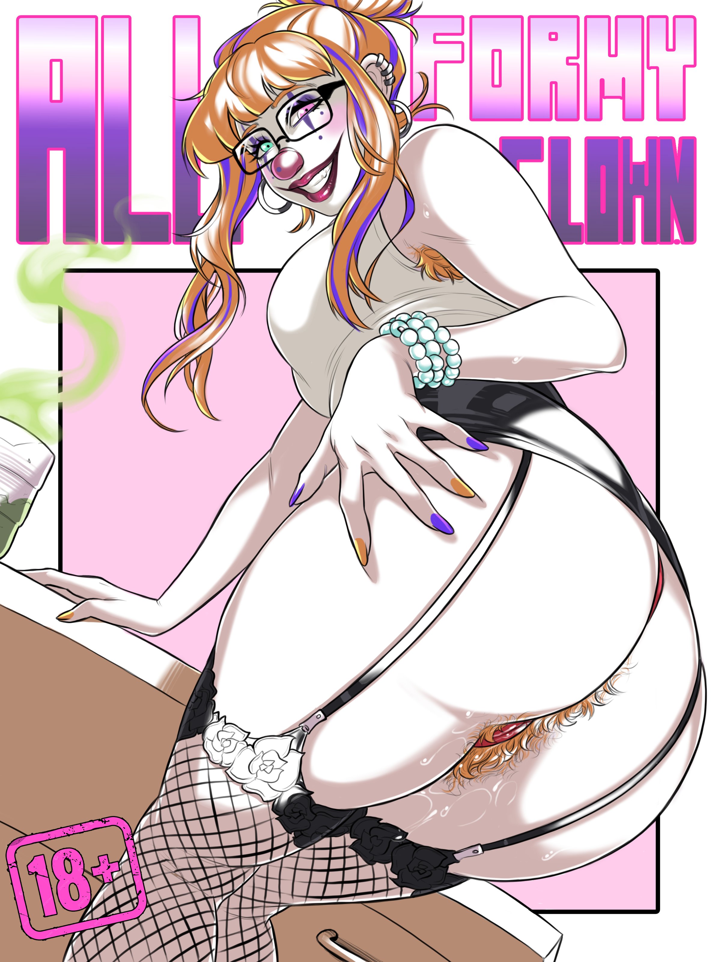 1girls, aqua eyes, armpit hair, ass, clown, clown girl, clown makeup, clown nose, comic cover, english text, female, female only, fishnet stockings, garter straps, glasses, grin, grinning at viewer, hairy anus, hairy pussy, heterochromia, looking at viewer, looking back, looking back at viewer, multicolored nails, office lady, orange hair, orange nail polish, orange nails, orange pubic hair, original, original character, panties, pearl bracelet, pink eyes, pot (turtlechan), pubic hair, purple hair, purple nail polish, purple nails, pussy, rear view, red lipstick, smiling, smiling at viewer, solo, stockings, text, thick ass, thick thighs, tied hair, turtlechan, two-tone hair, very high resolution