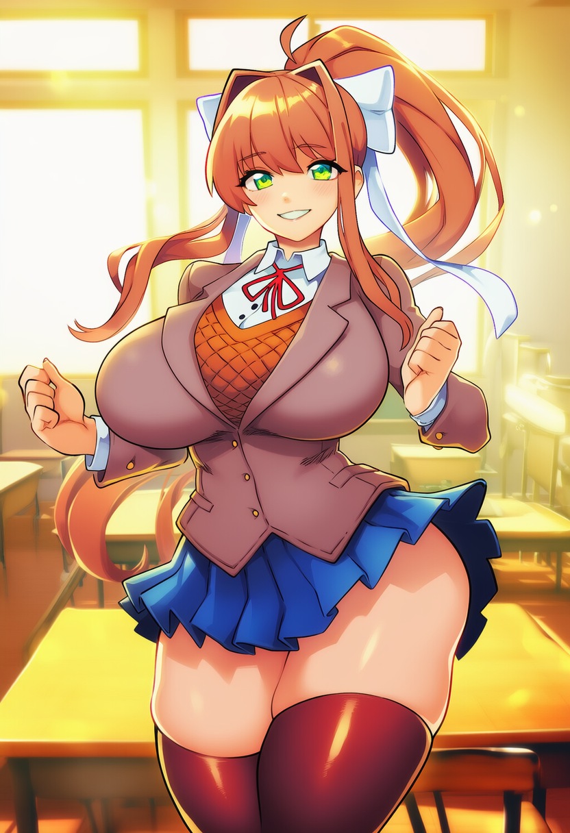 1girls, ai art, ai generated, big breasts, breasts, doki doki literature club, female, monika (doki doki literature club), mrmilkers, ponytail, thick thighs, wide hips