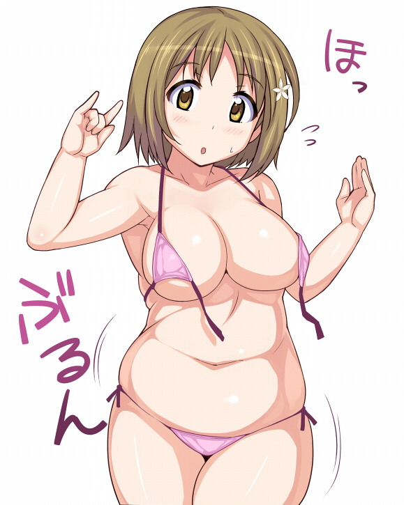 bikini blush breasts brown_hair chubby chubby_female hidebou idolmaster idolmaster_cinderella_girls large_breasts lml mimura_kanako plump swimsuit translation_request wardrobe_malfunction yellow_eyes