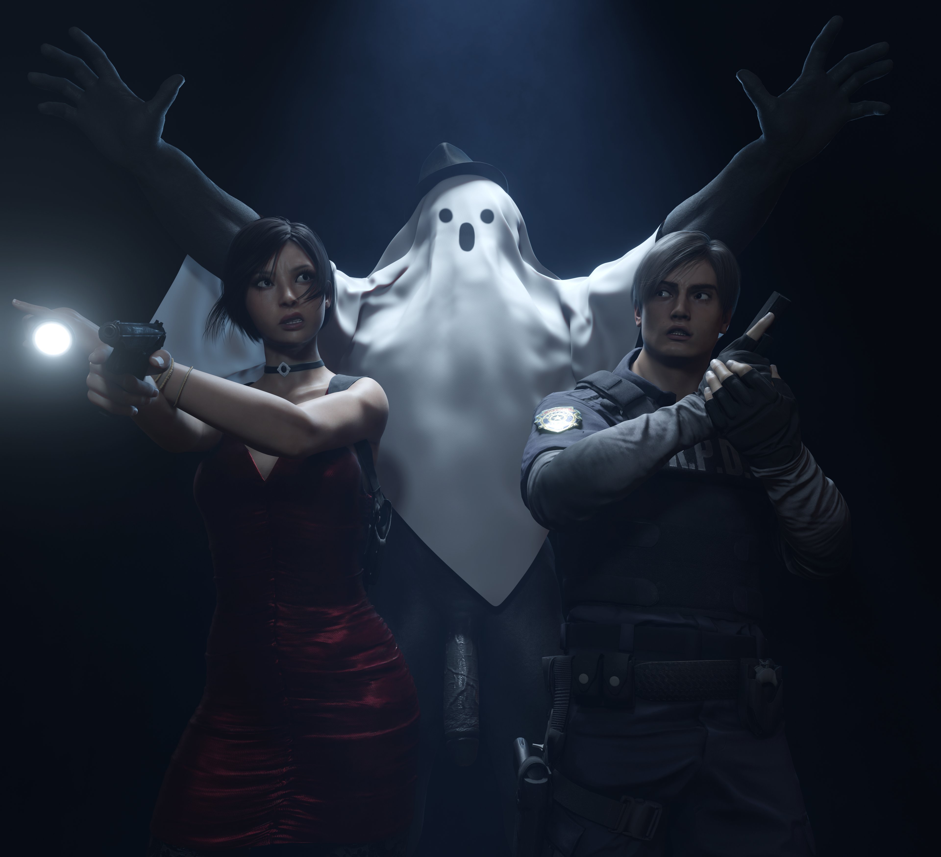 1boy, 1girls, 1monster, ada wong, balls, big balls, big penis, bisexual, bisexual male, embercock, emberstock, female, leon scott kennedy, looking back, male, monster, monster cock, mr x, muscular, muscular male, penis, pistol, police uniform, red dress, resident evil, shocked, size comparison, size difference, vein, veins, veiny, veiny penis